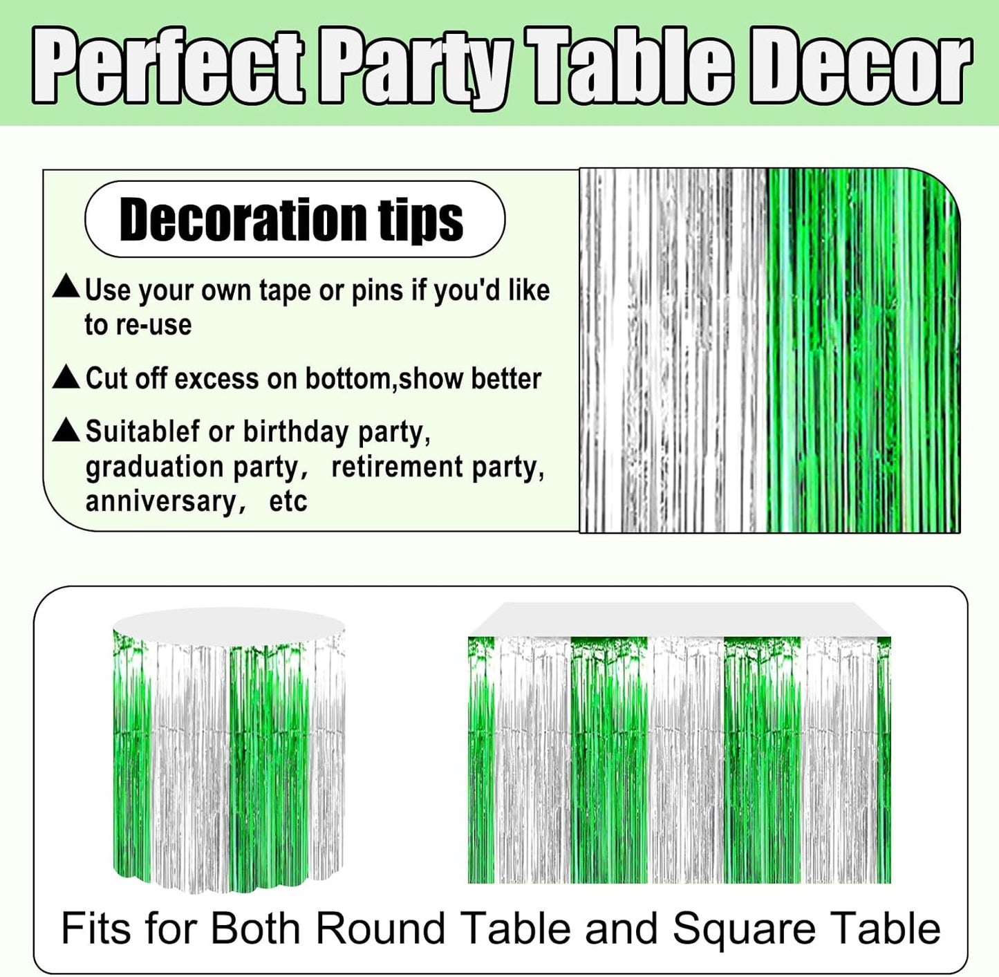 3 Pack 29x108 Inch Silver Green Foil Fringe Table Skirts Metallic Banner for Tinsel Streamer Garland Backdrop for Parade Floats Wedding Thanksgiving Birthday Christmas Halloween Party Decoration