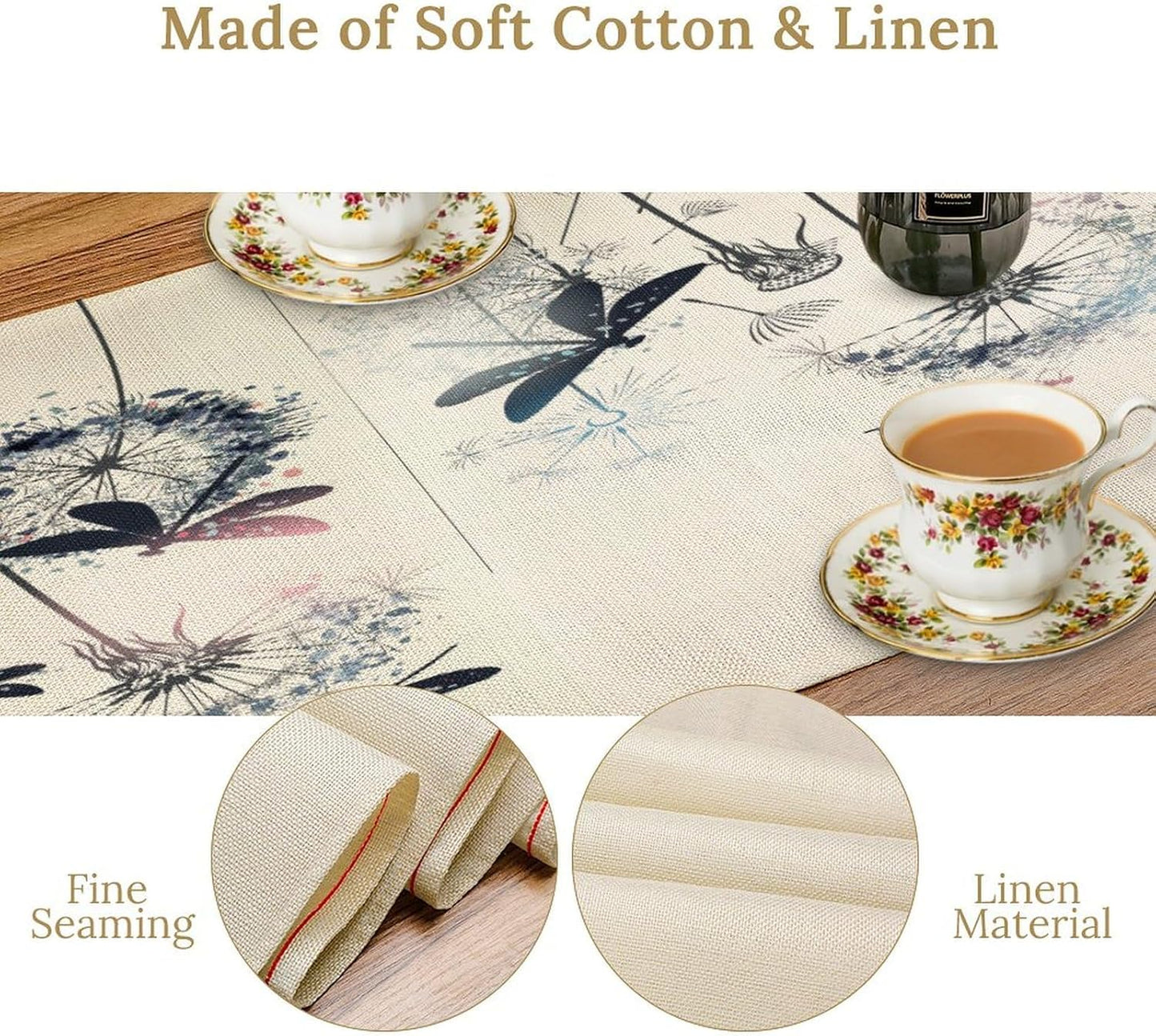 Dandelion Table Runner,Nature Rustic Dragonfly Teal Blue Floral Pattern Print Burlap Tablecloth for Hotel Indoors Outdoor Dining Room Kitchen Table Decor, 13x90in