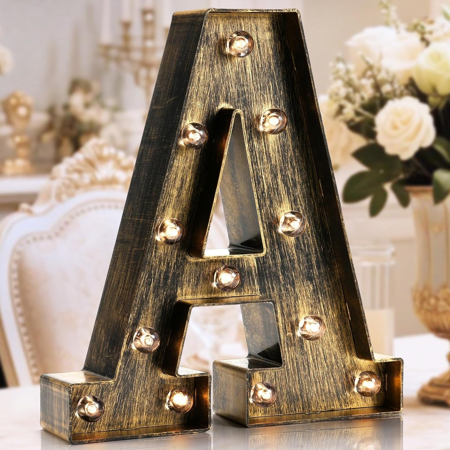 OYCBUZO Golden Black Led Marquee Letter - Industrial, Vintage Style Light Up Alphabet Letter Sign for Cafe Wedding Birthday Party Christmas Lamp Home Bar Initials Decor - A