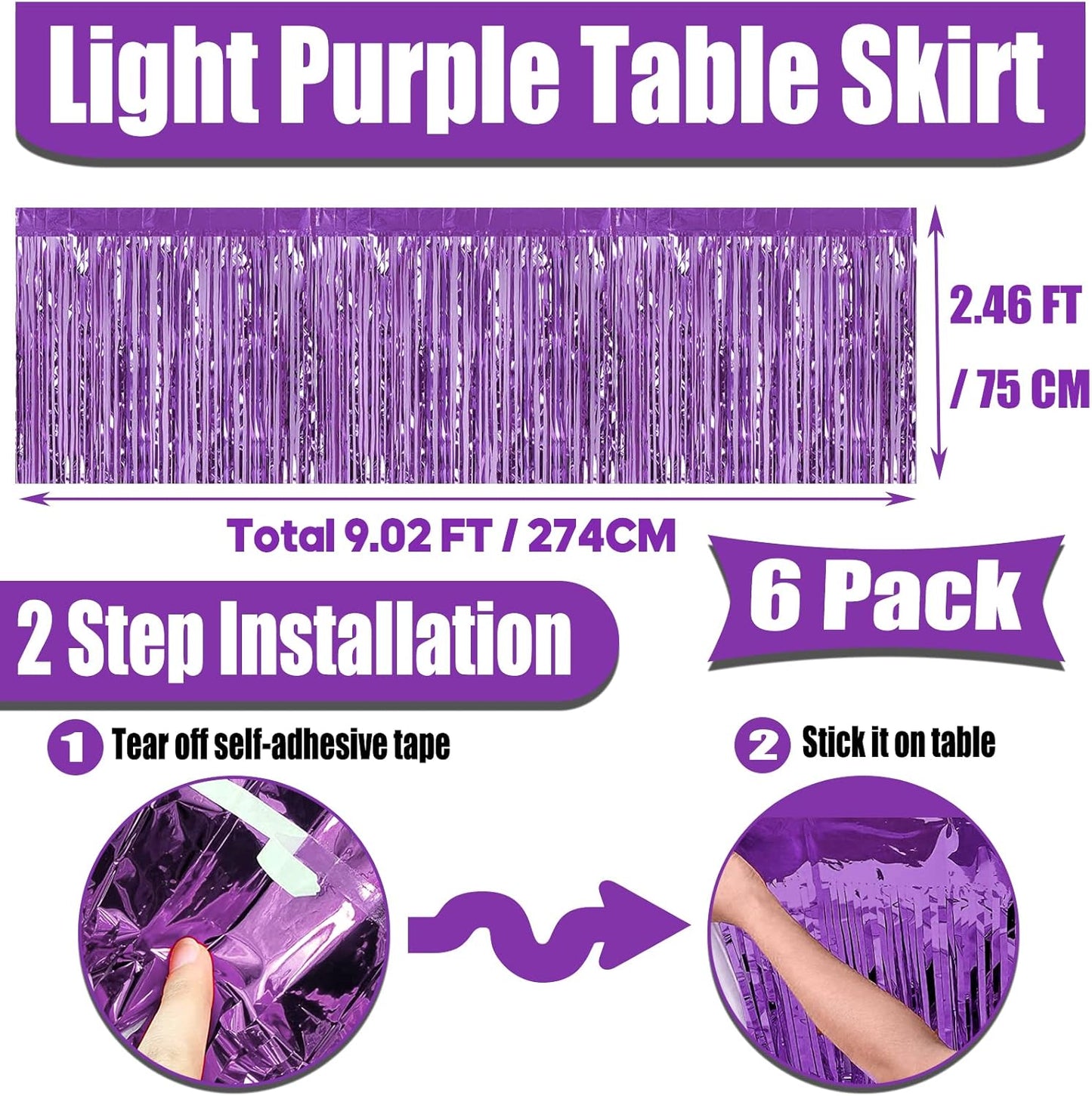 6 Pack 29x108 Inch Metallic Foil Fringe Tinsel Table Skirts Banner for Rectangle Tables Streamer Garland Backdrop for Wedding, Birthday, Parade Floats, Christmas Party Decoration(Light Purple)