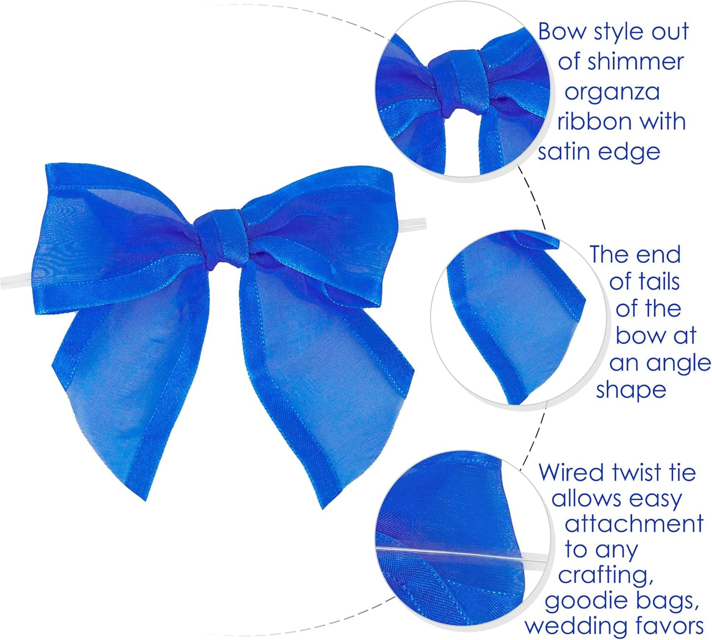 AIMUDI Royal Blue Bows 4" Organza Bows Premade Twist Ties Bows for Gift Wrapping Crafts Treat Bags Baskets Cake Pop Baby Shower Birthday Wedding Decor - 12 Counts