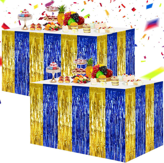 BEISHIDA 2 Pack Blue Gold Table Skirts Party Decorations Metallic Tinsel Foil Fringe Table Skirts for Birthday Retirement Anniversary Graduation Congrats 2026 Party