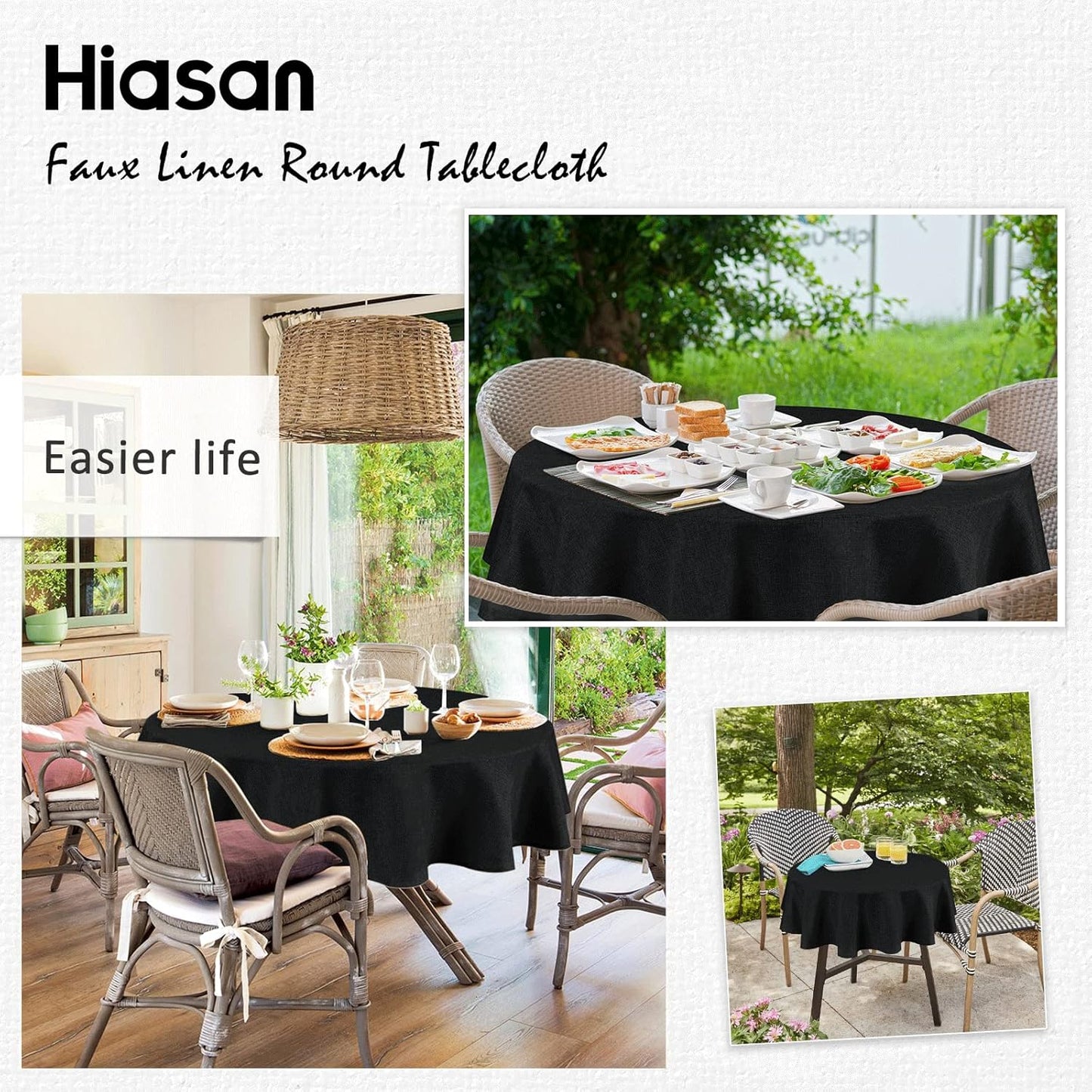 Hiasan Black Round Linen Tablecloth 60 Inch - Wrinkle and Stain Resistant Washable Polyester Fabric Table Cloth for Dining Room Kitchen Party