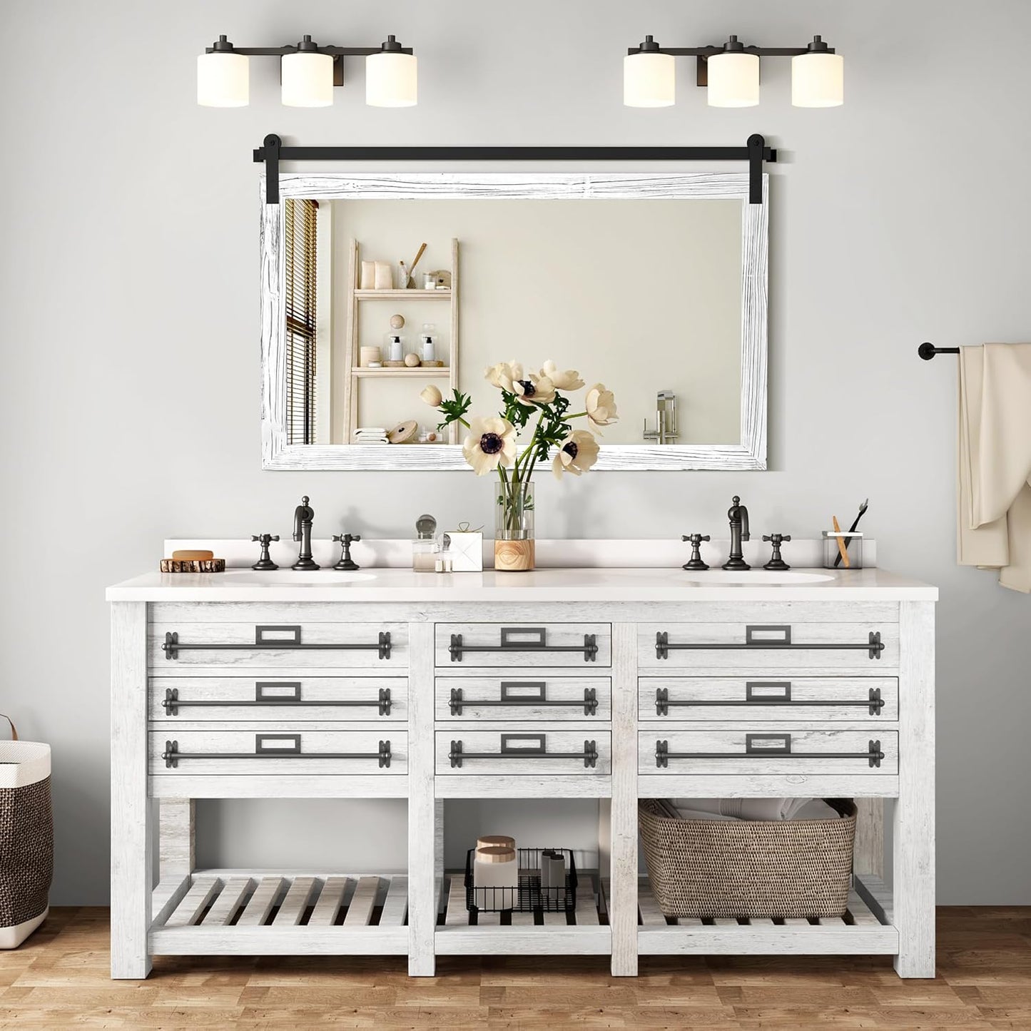 COGOOD Farmhouse Bathroom Mirror - 49 x 30 Rustic Wood Framed Wall Barn Door Mirror for Entryway, Living Room, Entryway Wall Decor (White)