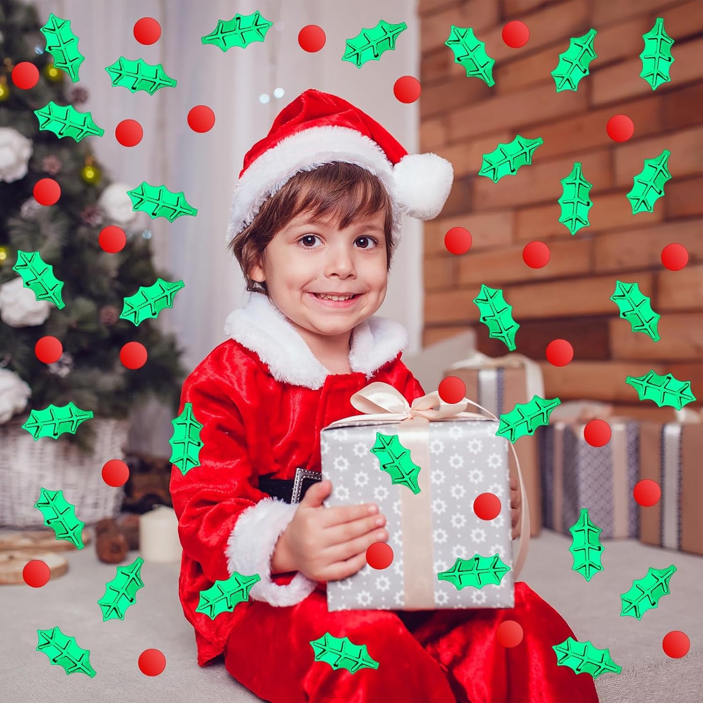 MARFOREVER Christmas Glitter Confetti, Red Green Xmas Holly Berries Confetti Christmas Metallic Foil Botanical Sequins Holly Leaves Scatter Sprinkles Table Decorations for Xmas Party Supplies