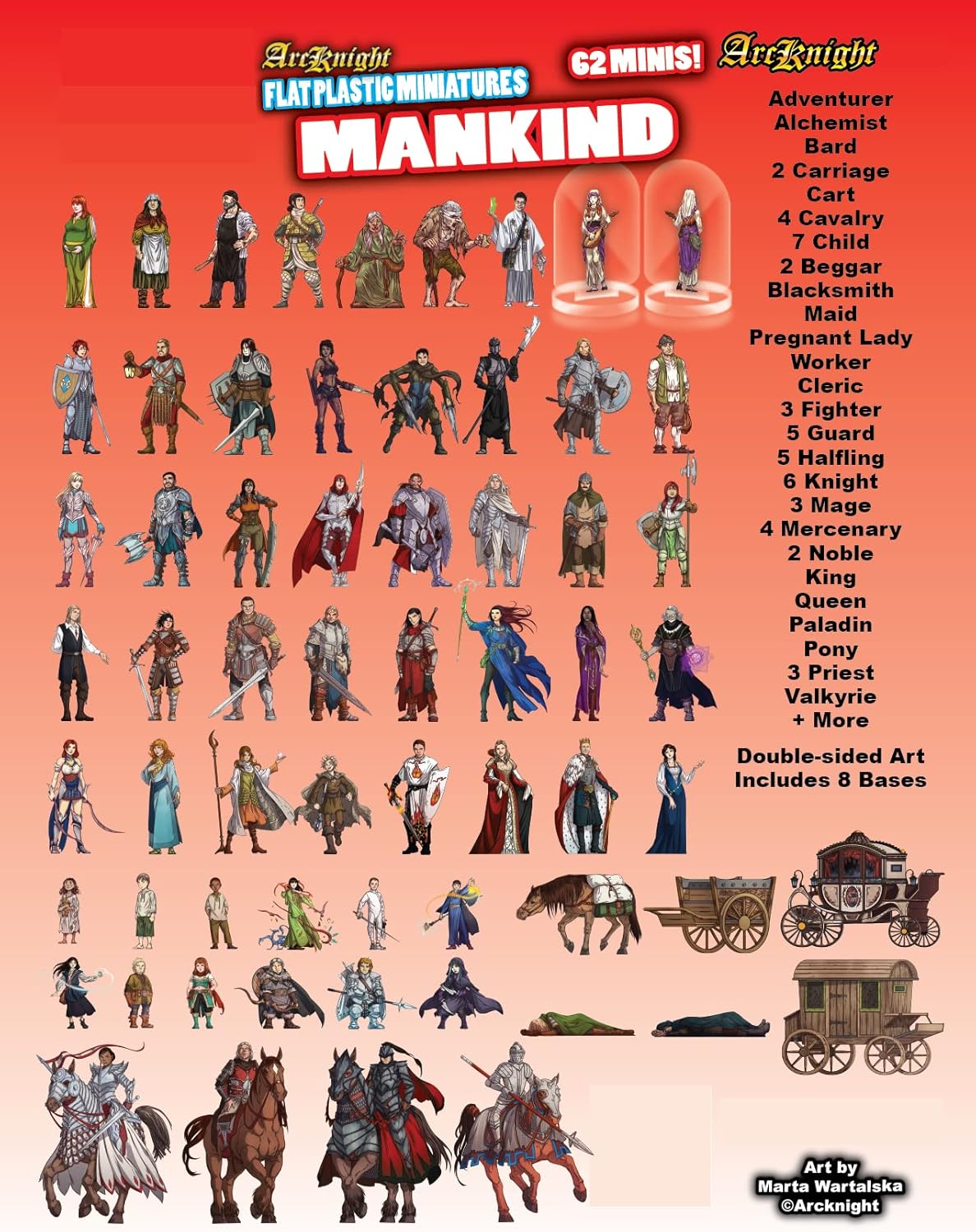 Arcknight Flat Plastic Miniatures: Mankind; 62 Unique Human-Themed Minis for DND 5e and Pathfinder; Affordable, Skinny Figurines for Dungeons and Dragons and Other Tabletop RPG Games