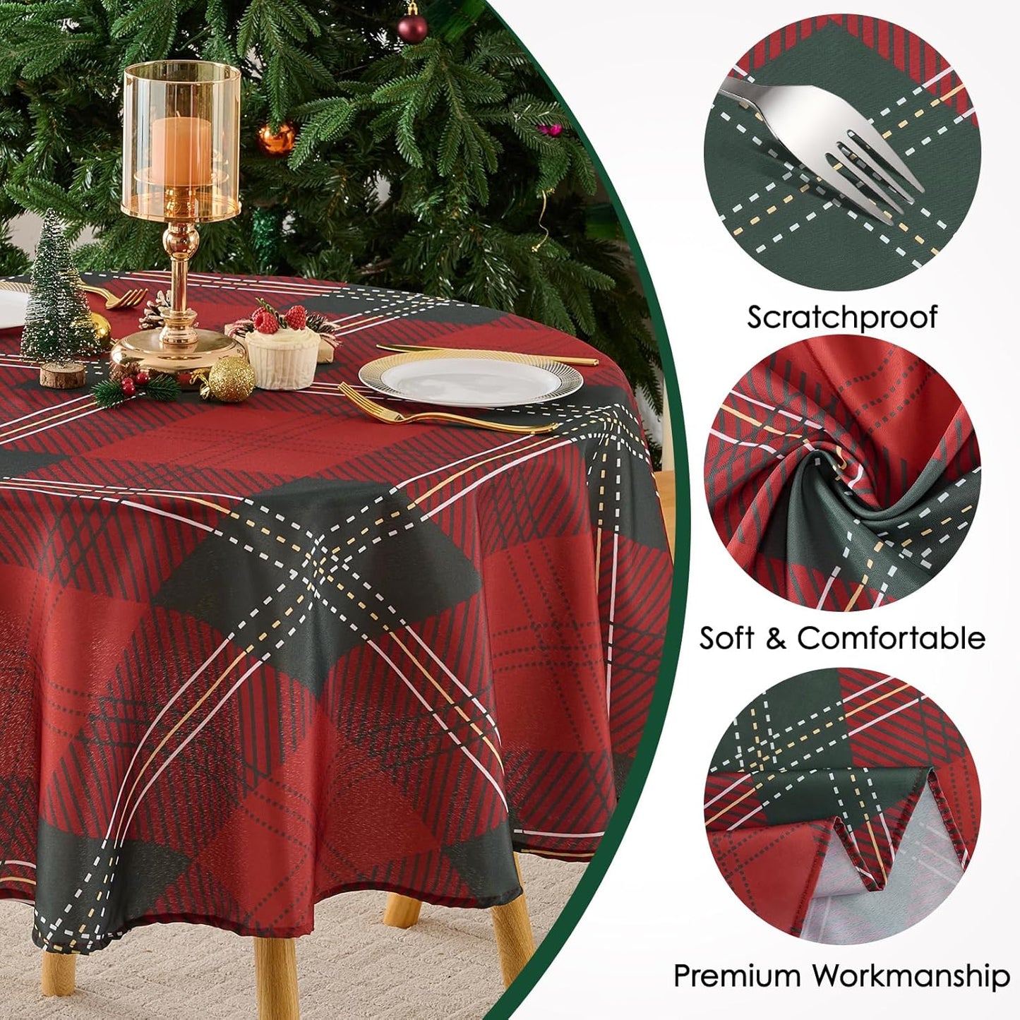 Christmas Tablecloth Round 60 Inch Waterproof, Machine Washable Checkered Polyester Table Cover for Xmas Party, Winter Holiday Home Decoration in Festive Checkered Green 1pack