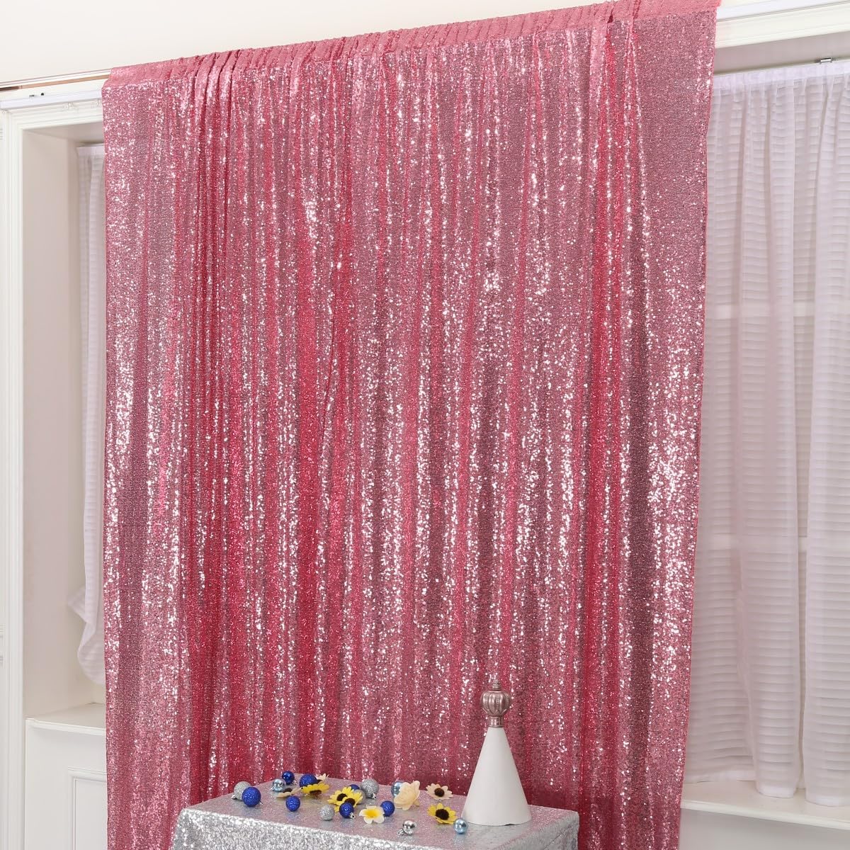 Poise3EHome Fuchsia Pink Sequin Backdrop, 6Ft x 8Ft Glitter Photography Background Curtains for Party Baby Shower Wedding Birthday Decoration