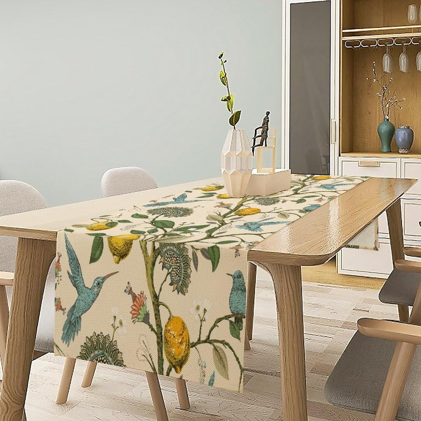 Table Runner with Flowers and Birds, Spring Plant Flowers Table Decoration Linen Table Runner Family Party Party Decorations 13x108 Inches