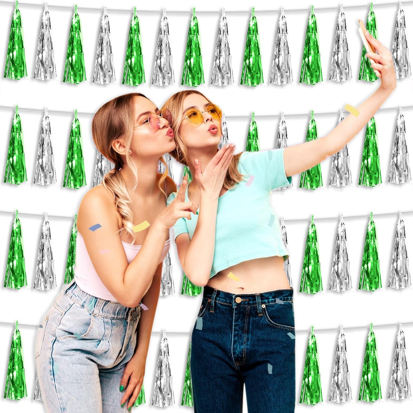 4P Green Silver Foil Fringe Tassel Banner Garland Metallic Tinsel Streamers Wall Hanging Curtain Backdrop Banner for Parade Floats, 2024 Graduation Decorations, Father's Day Party Decoration