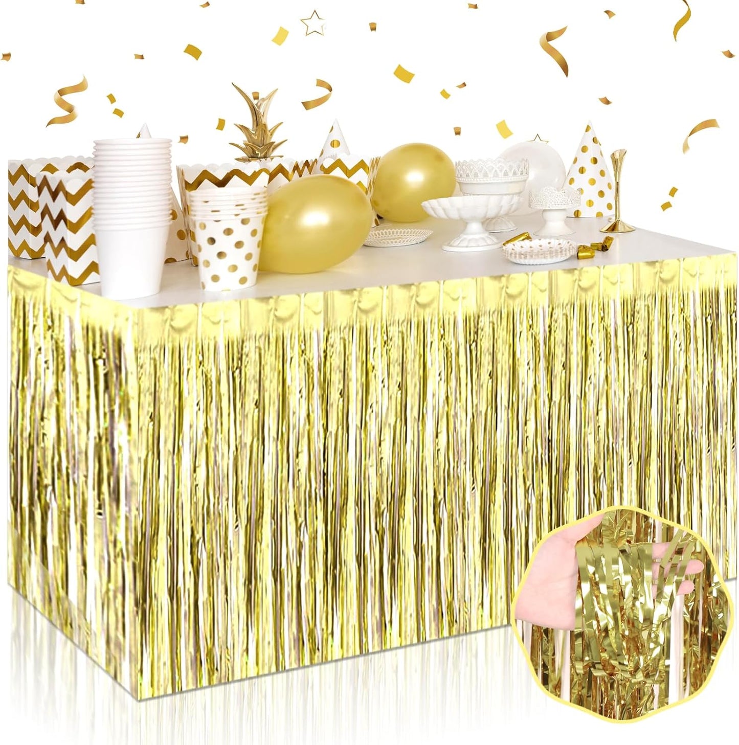 3 Pack 29 x108 Inch Light Gold Foil Fringe Table Skirts Metallic Banner for Tinsel Streamer Garland Backdrop for Parade Floats Wedding Thanksgiving Birthday Christmas New Year Party Decoration