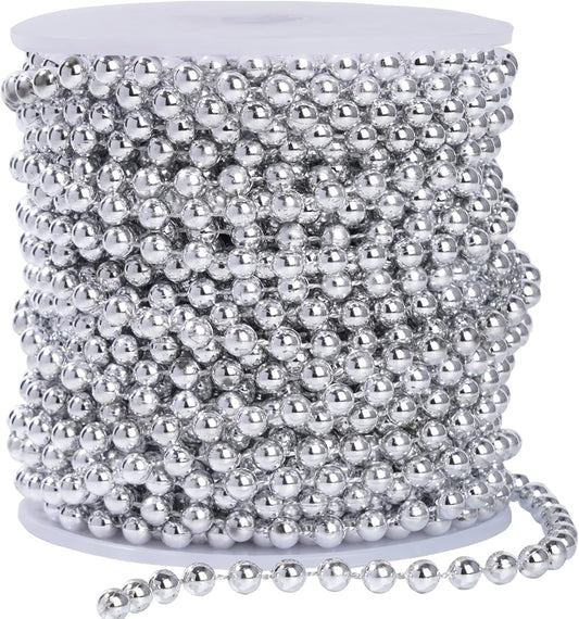Faux Silver Pearl Beads Garland - 6mm Christmas Tree Beads 22 Yards Spool Pearl String Roll for Wedding Party Christmas Tree Decoration