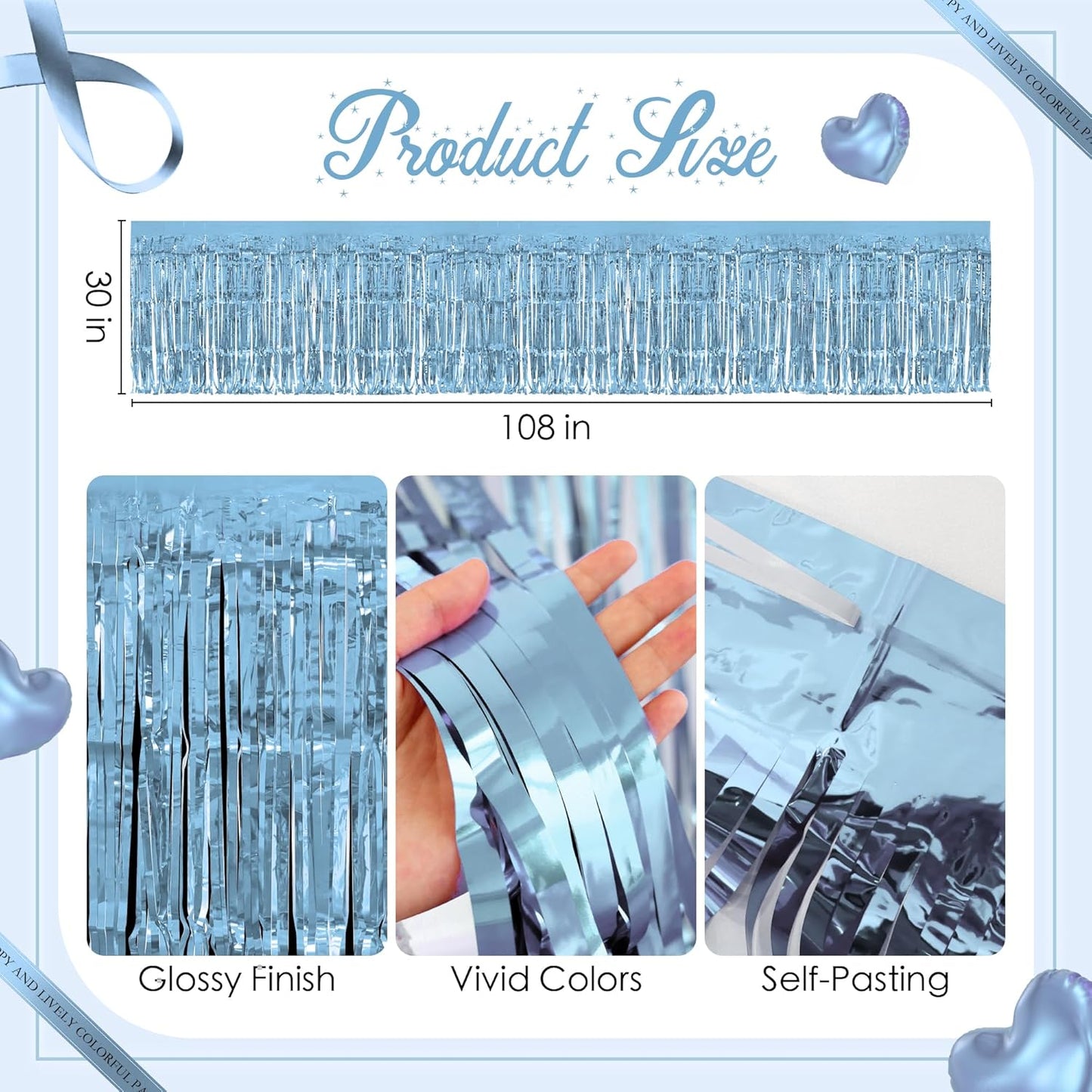 8 Pack Light Blue Table Skirts, 29x108" Metallic Foil Tinsel Fringe Table Skirts for Rectangle Tables Streamer Curtains Backdrop, Party Decorations for Birthdays Weddings Holidays