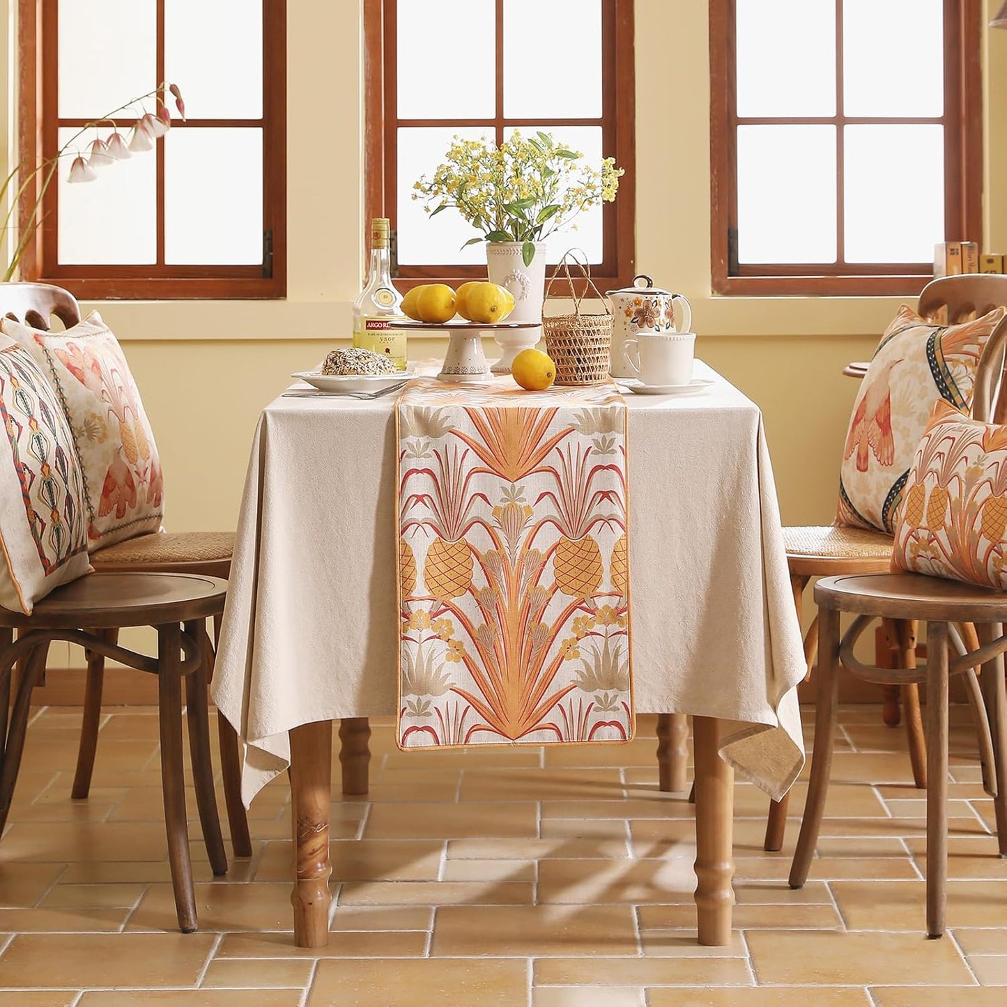 patdrea Designer Tropical Linen Table Runner 71 Inch Long, Yellow Vintage Elegant with Pineapple Pattern Table Mat,Decoration for Kitchen Dining Coffee Table Cover Banquet Christmas , 12"*71"