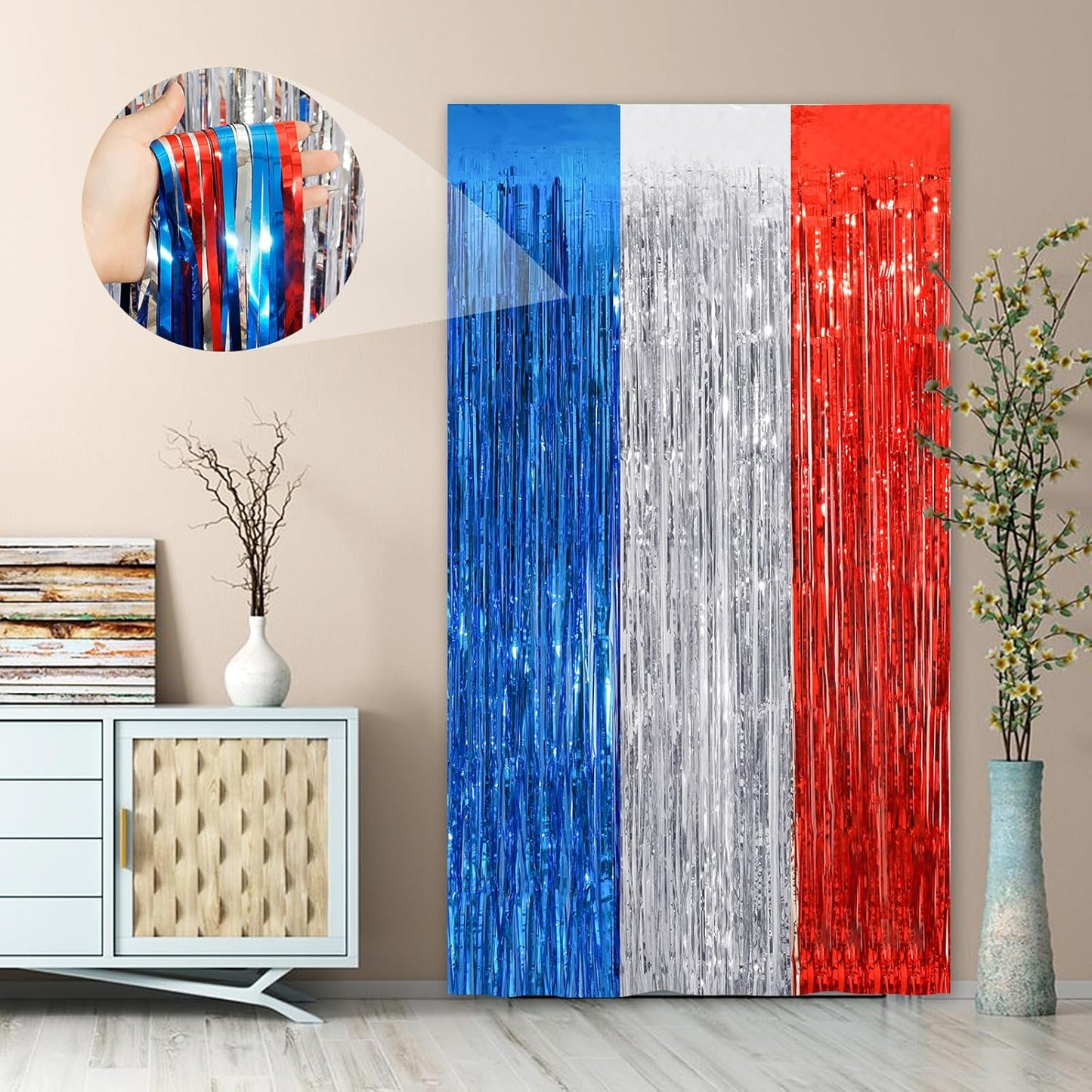 2Pack 3.3 x 8.3Ft Blue Red Silver Foil Fringe Streamers Curtain Metallic Foil Tinsel Fringe Door Streamers for Birthday Wedding Xmas Party Photo Iridescent Blue Streamers Party Decors Streamers