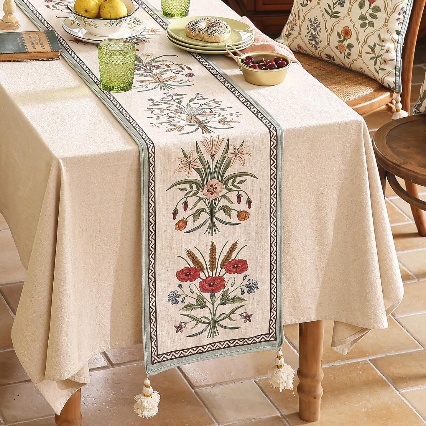 ISAENNE Designer French Country Linen Table Runner 87 Inches Long,Elegant Colorful Floral Pattern Table Runners for Dining Tables,Thanksgiving,Christmas,Kitchen Decor,12"*87"-Serenity F