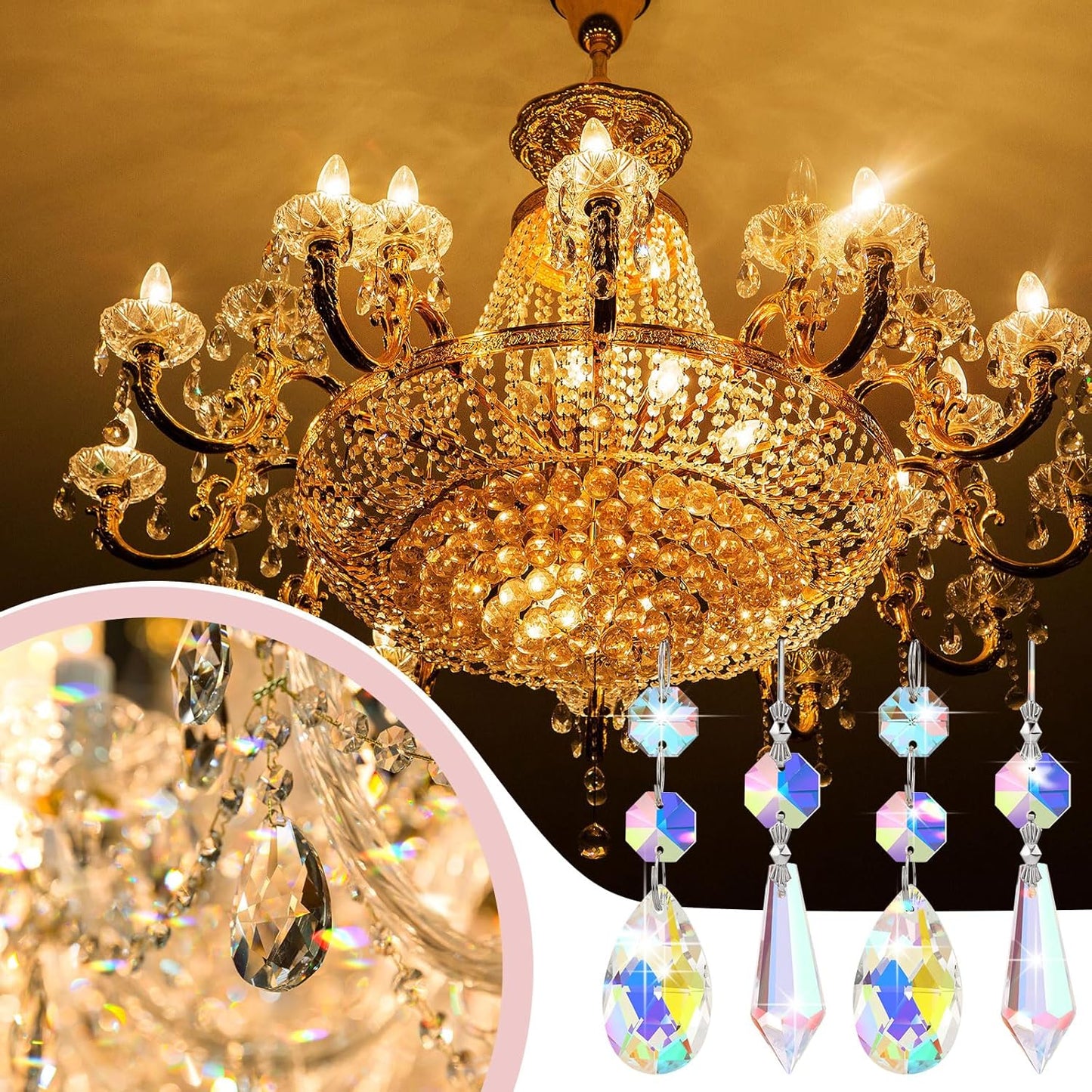 24 Pcs Chandelier Crystal Replacement 38 mm Teardrop & Icicle Crystal Prisms Hanging Gems Parts for Lamps and Chandeliers Suncatcher Christmas Tree Windows Home Decor (Colorful)