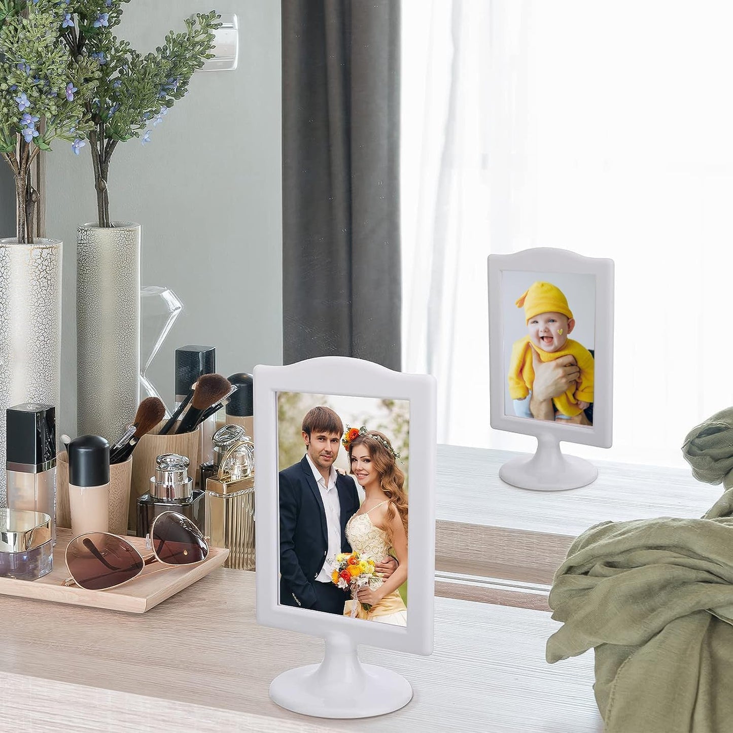 NahNah Double Sided Standing Picture Frames - (White, 8 Count) 4x6 Inch, Plastic Pedestal Photo Frame with Inserts and Base - 2 Sided Tabletop Vertical Display Frame for Wedding Table Bridal