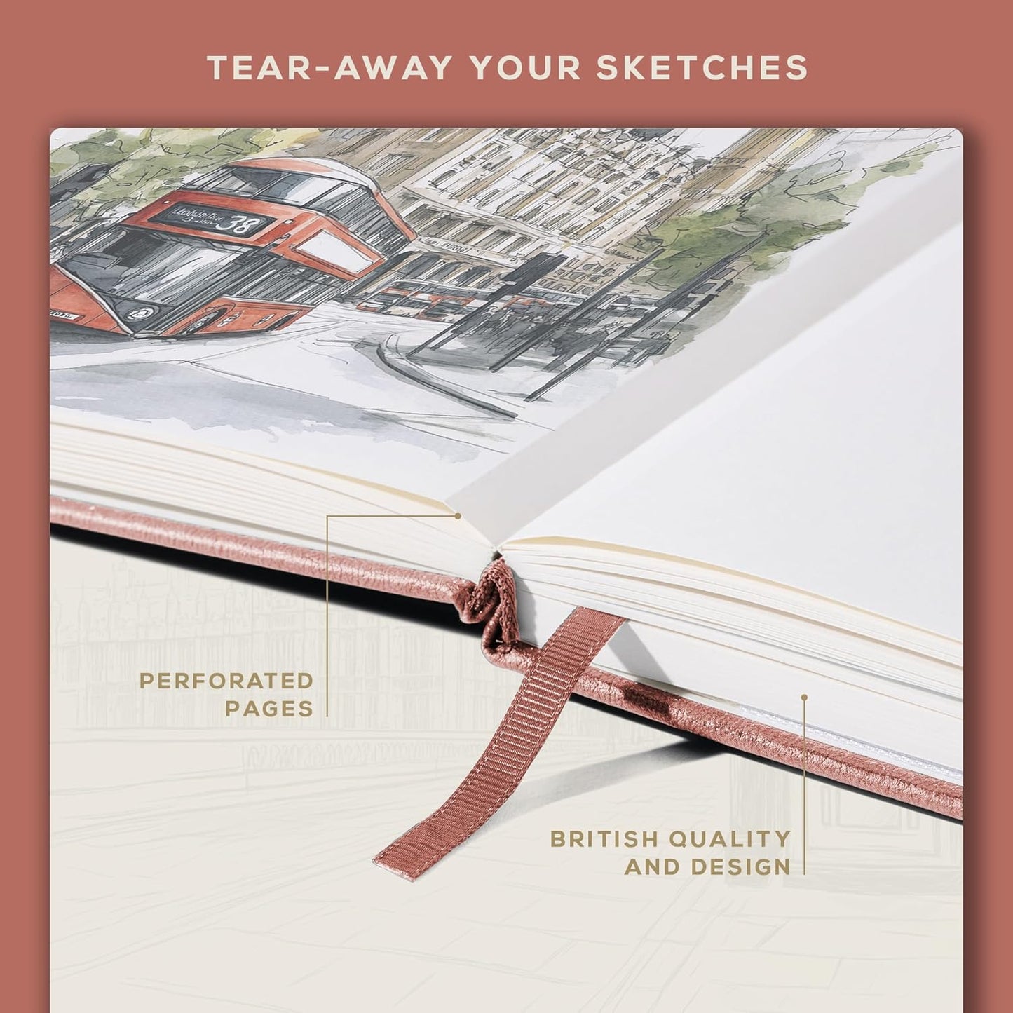 Beechmore Books A4 Sketchbook – 8.5x11 Premium Vegan Leather Bound Large Sketch Book Hardcover with 156 Thick 160gsm Perforated Ivory Pages, Blank Sketch Pad, Gift Boxed, Back Pocket, Ribbon Bookmark