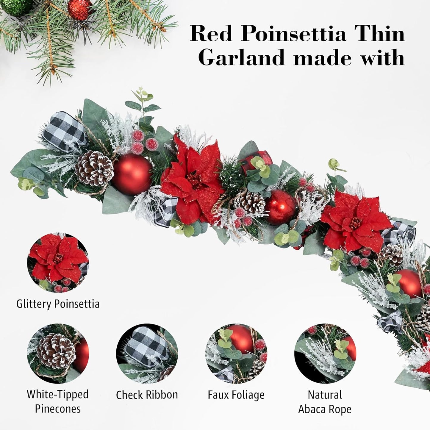 5 ft Christmas Garland for Mantle Unlit Garland for Stairs Railing, Banister, Staircase, Fireplace, for Table No Light, Garland Decor Frosted Red Poinsettia Holiday Tree (Glittery Red Poinsettia)