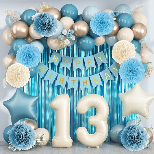 Dusty Blue 13th Birthday Party Decorations Boys Girls Beige Cream Number 13 Balloon with Blue Gold Happy Birthday Banner Fringe Curtain Paper Pom Poms Nude White Sand Champagne Star Foil Balloons
