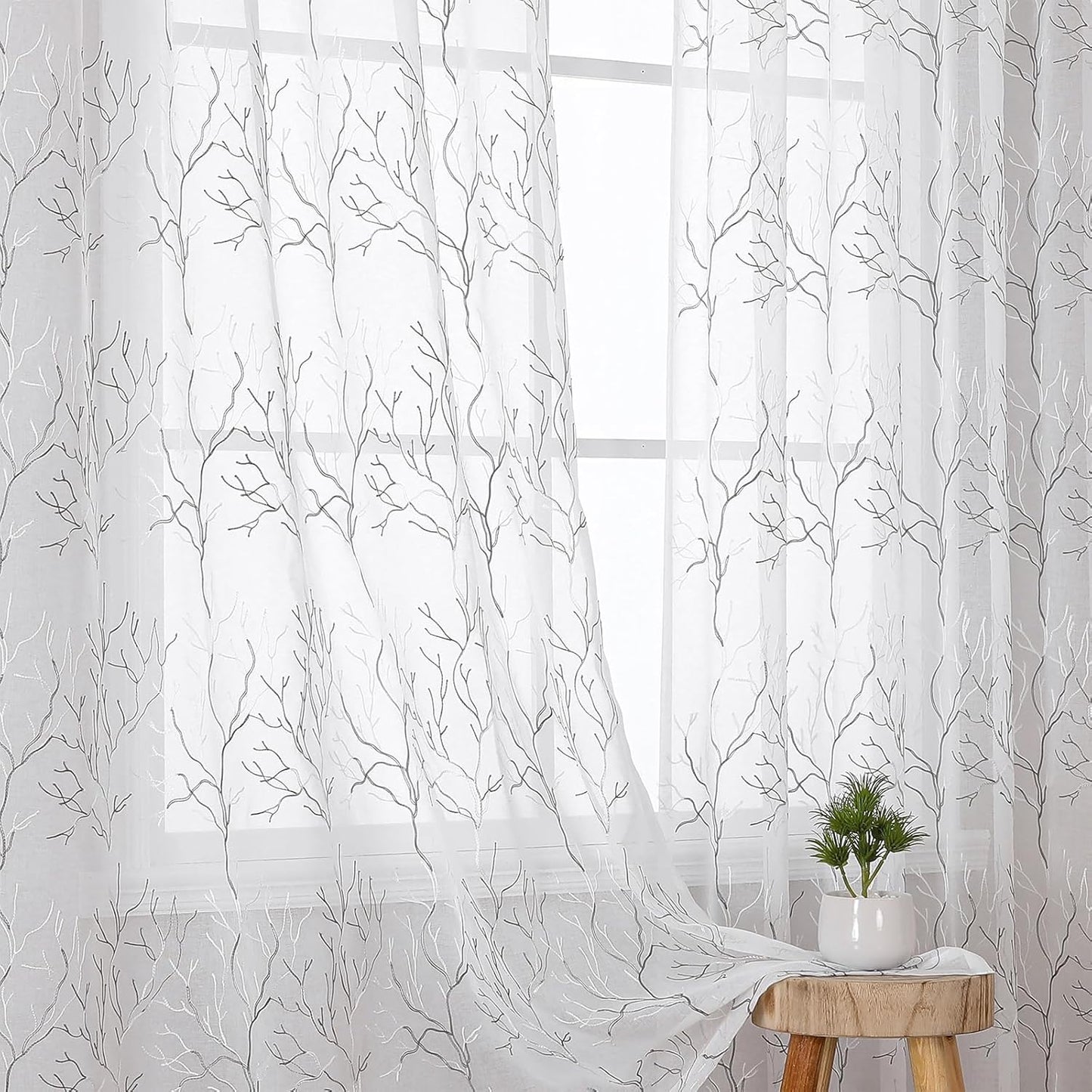 VISIONTEX Sheer Curtains 95 inch Length 2 Panels Set, Decorative Grey Coral Embroidery, Rod Pocket Embroidered Window Drapes for Living Room and Bedroom, 54" x 95"
