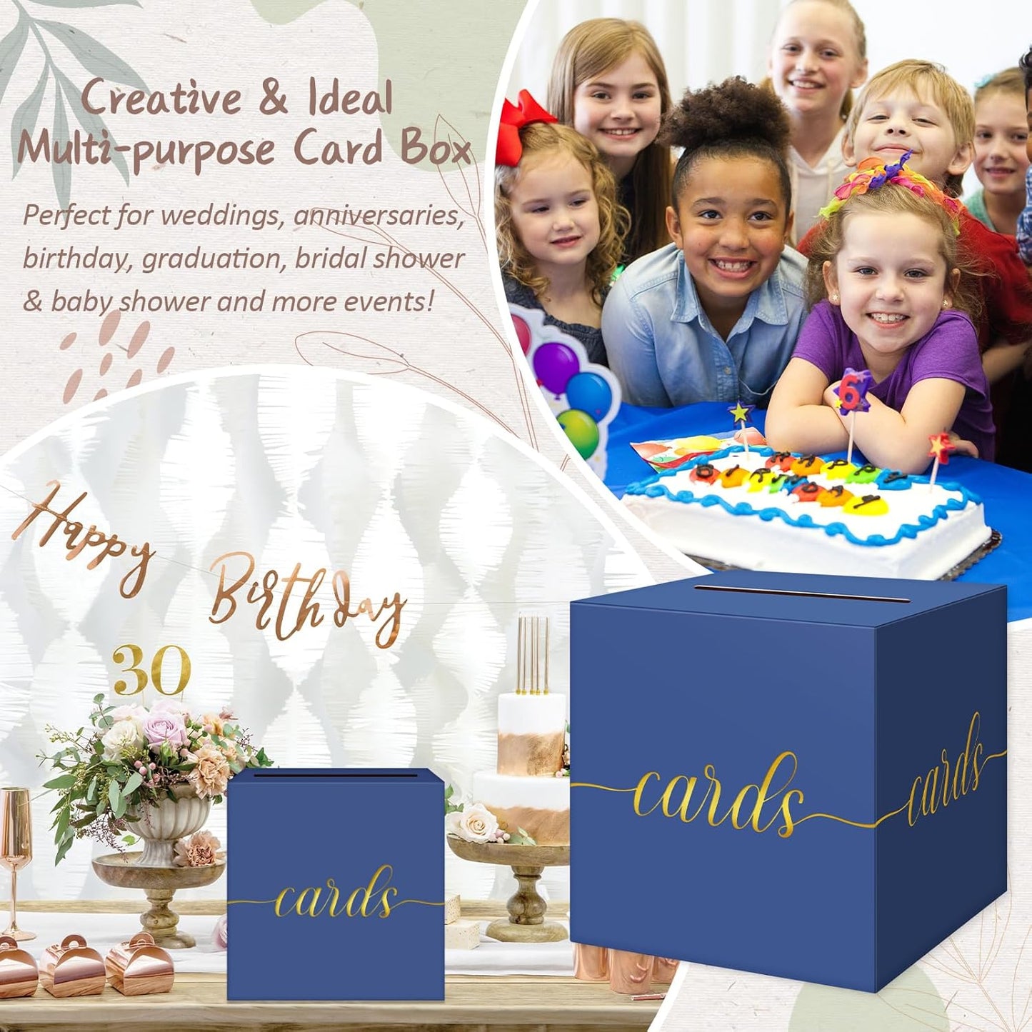 QIKSION Navy Blue Graduation Card Box, Gold Foil Gift Card Box for Graduation, Party, Wedding Reception, Birthday, Baby Shower, Raffle