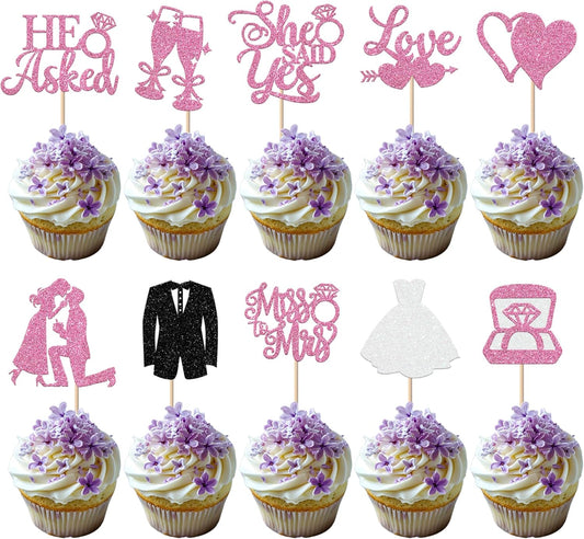 30 Pack Bride to be Cupcake Toppers Glitter Diamond Ring Love I Do Cupcake Picks Miss to Mrs He Asked She Said Yes Bridal Shower Wedding Engagement Bachelorette Cake Decorations Party Purple