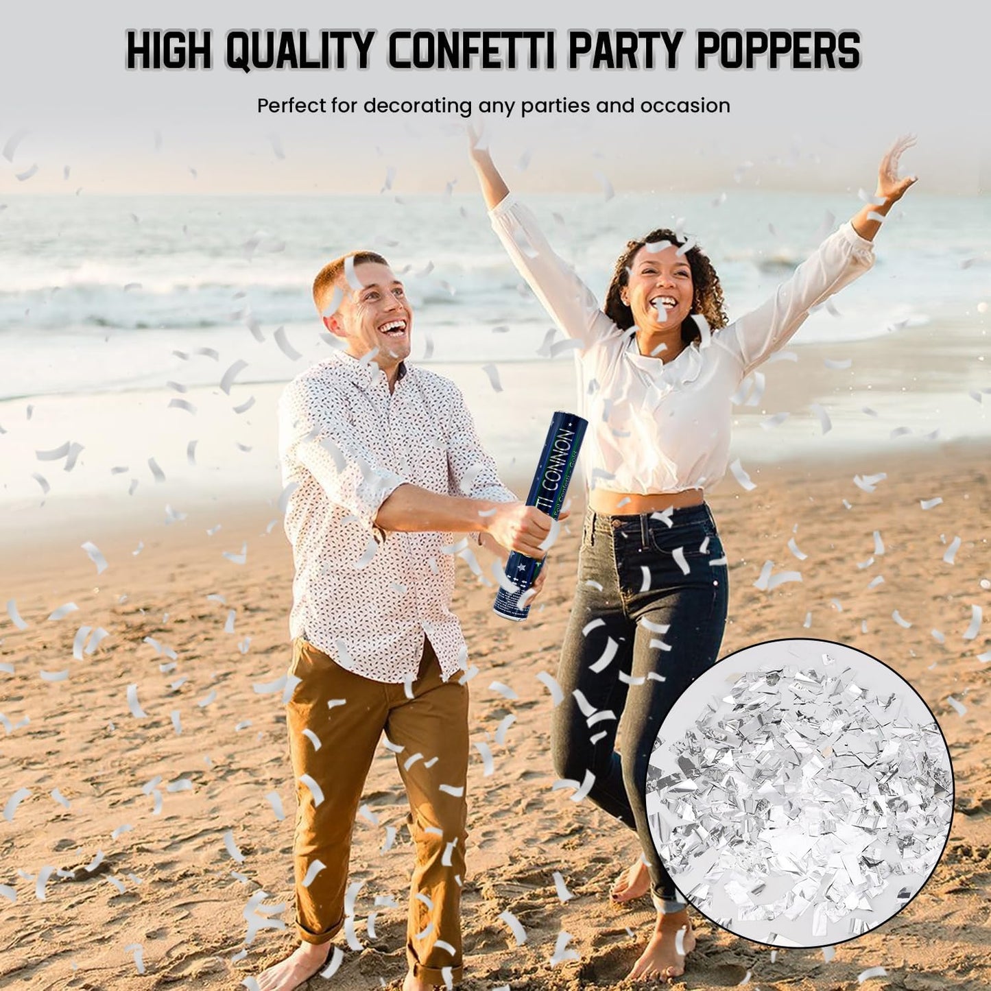Party Poppers Confetti Cannon 12 Pack Silver Poppers 12 Inch Party Shooters Mylar Confetti Silver Foil Confetti Cannons Bulk for Wedding Birthday Graduation Baby Gender Reveal Christmas New Year