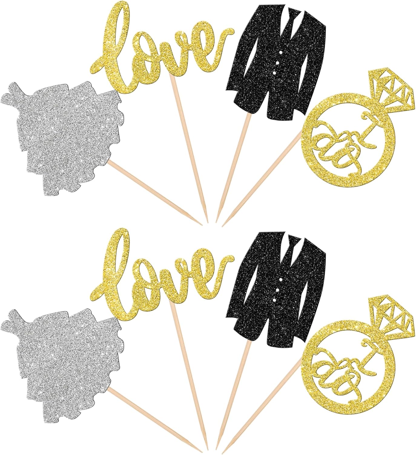 24 PCS Wedding Cupcake Toppers Glitter Bride and Groom Cupcake Picks Love I Do Ring Cupcake Decorations for Wedding Engagement Bridal Shower Theme Party Cake Decorations Supplies Gold