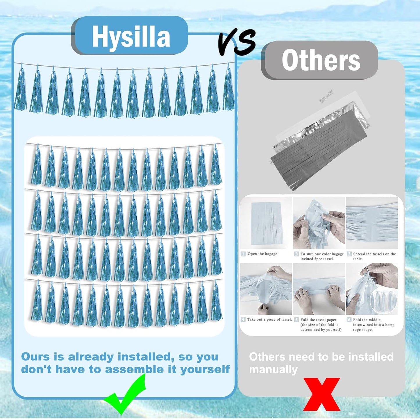 4P Light Blue Foil Fringe Metallic Streamers Banner Tassel Garland for Parade Floats, Bachelorette, Wedding, Birthday, Halloween, Christmas, Bridal/Baby Shower Party Decorations