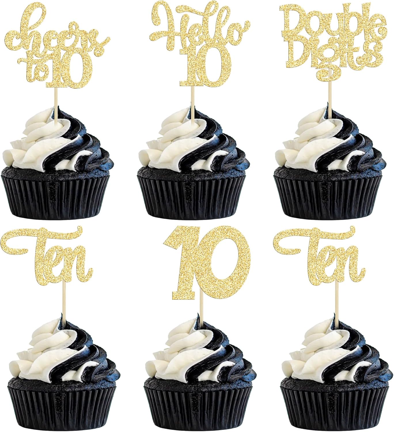 30Pcs 10th Birthday Cupcake Toppers Ten Double Hello 10 Cupcake Picks Cheers to 10 Years Old Cake Decorations for 10th Birthday Party Supplies Gold Glitter