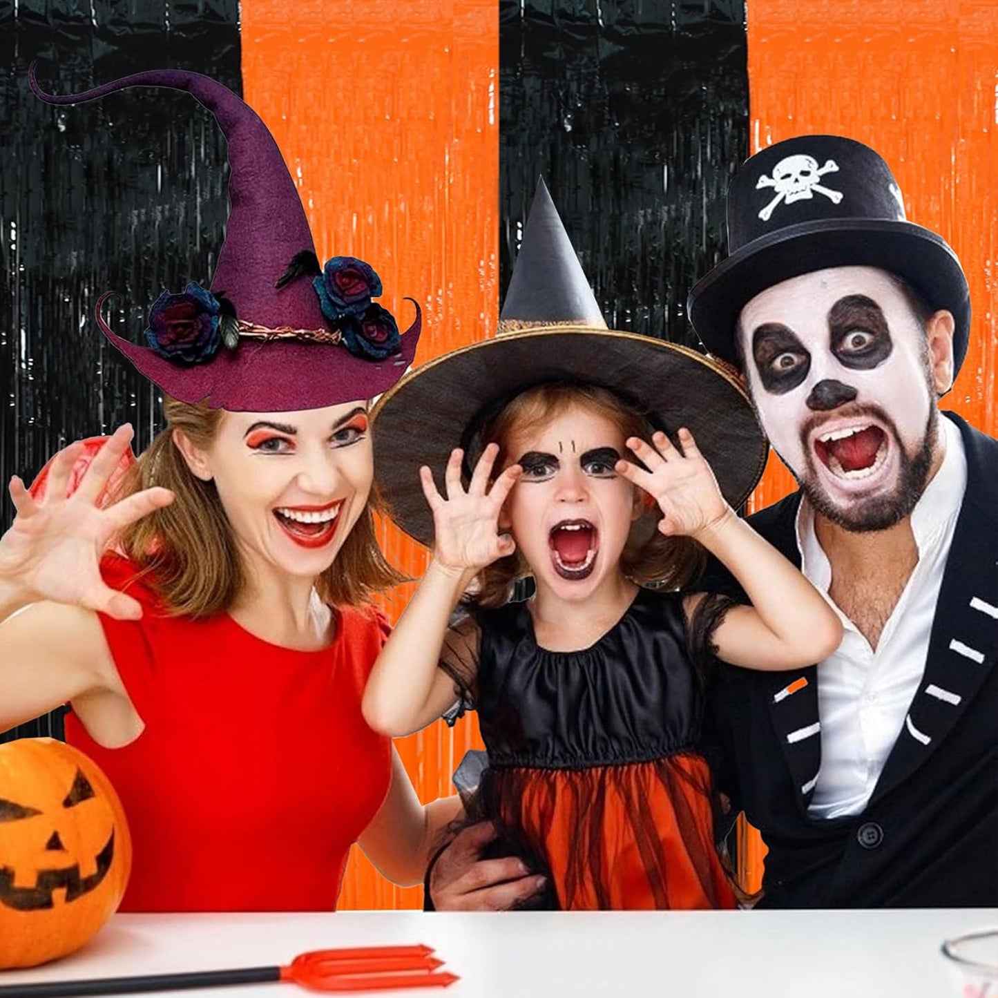 BEISHIDA 2Pcs Orange Black Door Streamer Happy Halloween Backdrop Pumpkins Foil Fringe Tinsel Horry Party Curtains Backdrops for Horry Party Hallowen Decoration (3.28 ft x 6.56 ft)