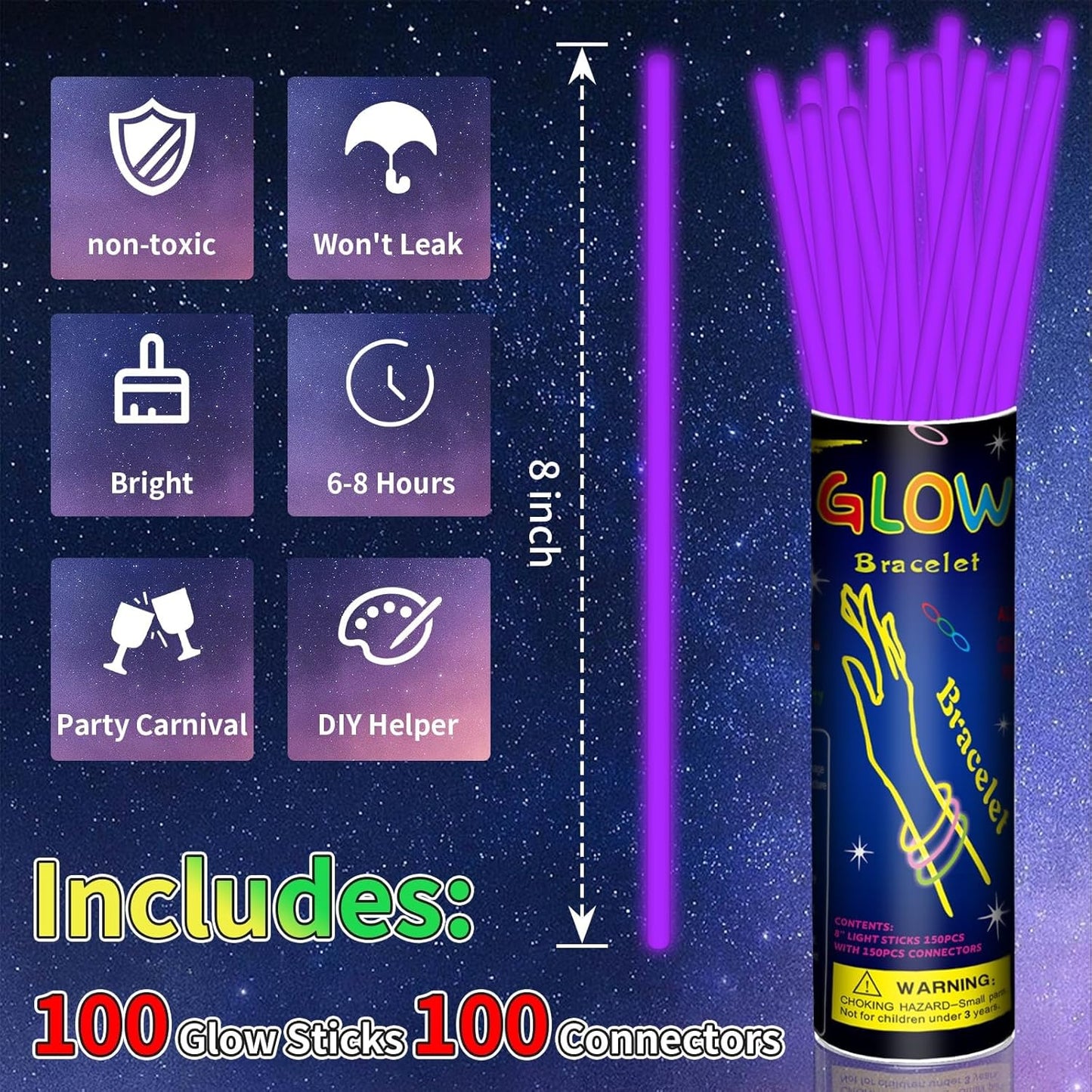 100 Pack 8” Purple Glow Sticks Bulk with 100 Connectors Neon Glow In The Dark Party favors Supplies for Holiday Birthday Party Decoration (Purple)