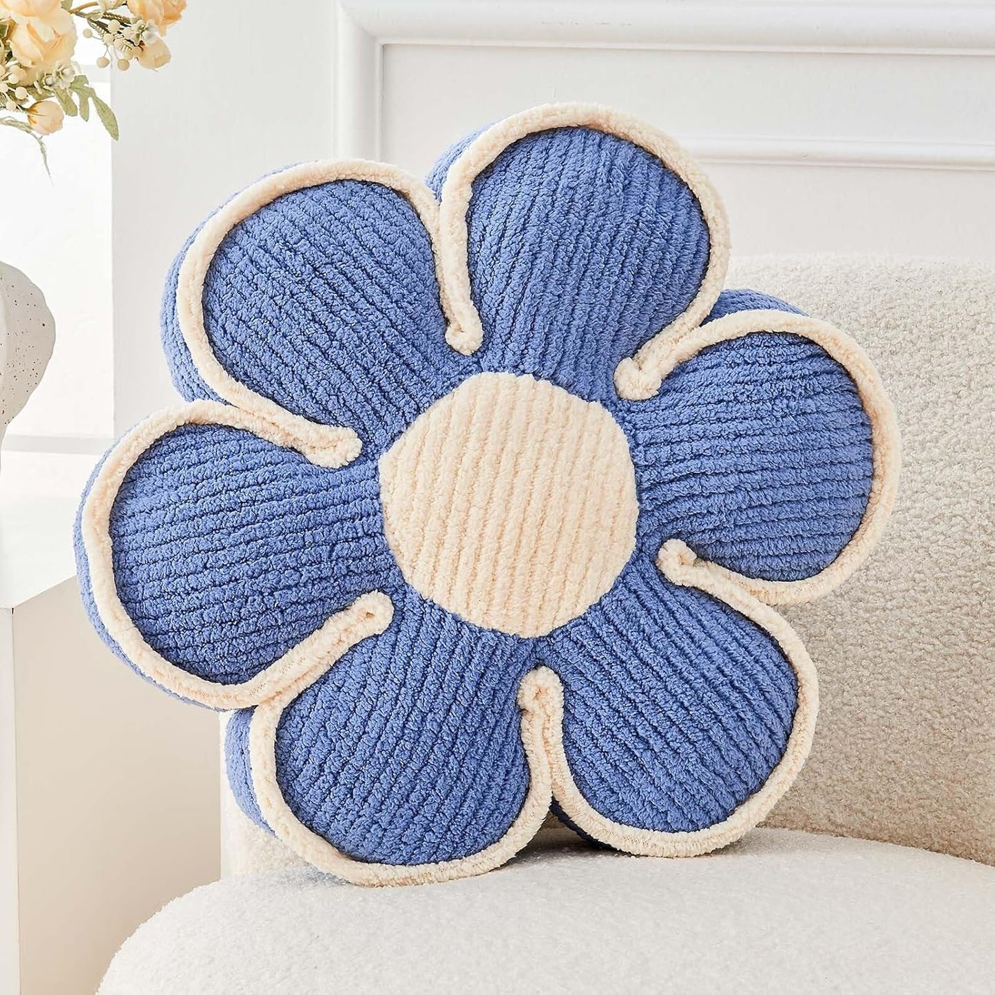 Flower Pillow, Soft Flower Decorative Throw Pillow, Cute Daisy Flower Shaped Seating Floor Cushion Room Décor Plush Pillows for Sofa Couch Bed (17.7 Inch, Blue)