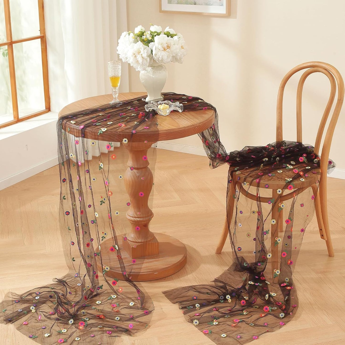 Black Embroidery Daisy Fall Table Runner 120Inch 10FT Florals Soft Sheer Tulle Fabric Table Runner for Home Decor, Brithday, Wedding, Baby Shower ,Holiday ,Parties, DIY Craft,3PC