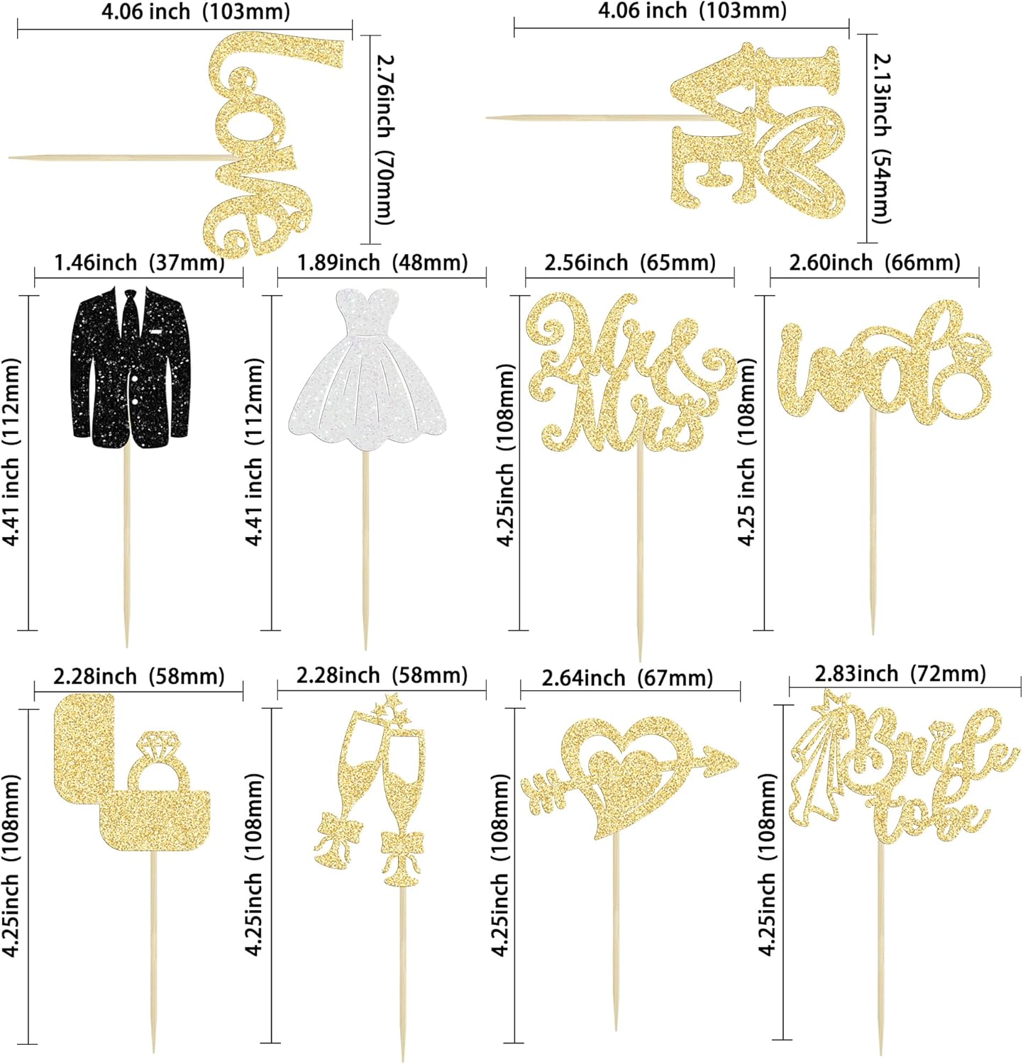 Ephlyn 30Pcs Bride to be Cupcake Toppers Glitter Diamond Ring Love I Do Cupcake Picks for Miss to Mrs Bridal Shower Wedding Engagement Bachelorette Cupcake Decorations Party Supplies Gold