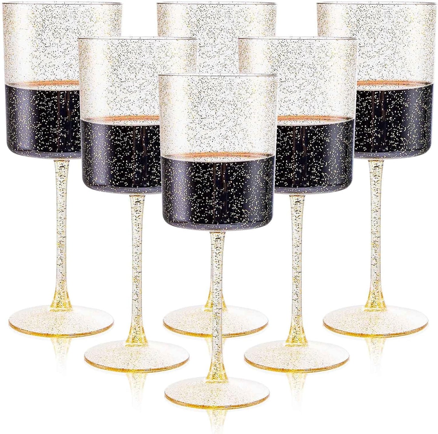 Ciaell 6 Pack Gold Plastic Wine Glasses - 10 Oz Disposable Glasse with Stem - Disposable Wine Glasses Perfect for Parties & Weddings & Poolside & Outdoors & Camping & Thanksgiving