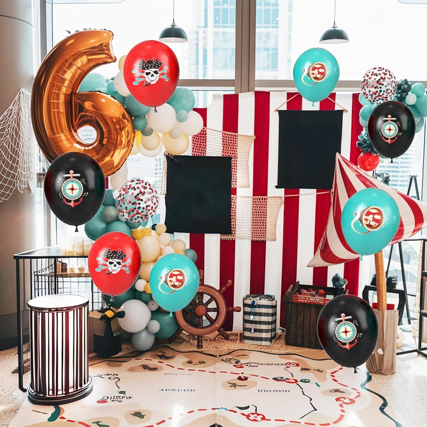 Pirate Balloons, 12 Inch Teal Black Red Confetti Balloons with Pirate Design for Boy Pirate Ship Theme Birthday Party Sea Sailing Graduation Halloween Baby Shower Decorations