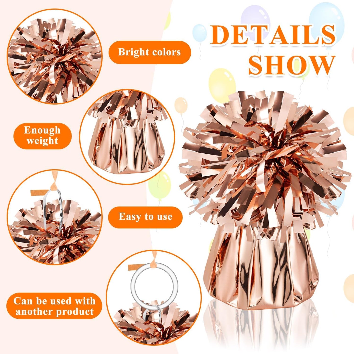 24 PCS Balloon Weights Metallic Anchor, Balloon Holder Heavy Weights with 1 Roll Rose Gold Crimped Ribbon for Balloons Table Party Favor Birthday Decor(Rose Gold)