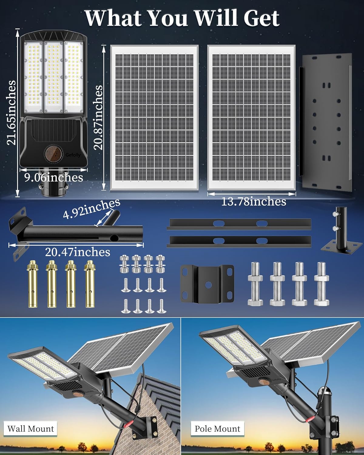 Gefolly SL-10800W Solar Street Light Outdoor 750000LM Wide Angle Commercial Parking Lot Lights Dusk to Dawn 6500K Flood Security Light IP67 Lamp for Basketball Court, Yard, Road