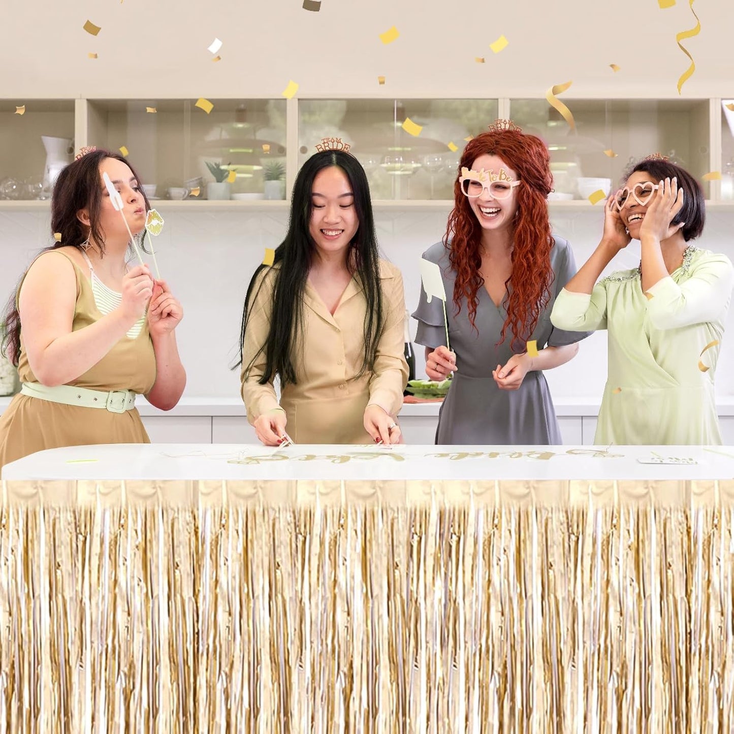 3 Pack 29 x108 Inch Champagne Gold Foil Fringe Table Skirts Metallic Banner for Tinsel Streamer Garland Backdrop for Parade Floats Wedding Thanksgiving Birthday Christmas New Year Party Decoration