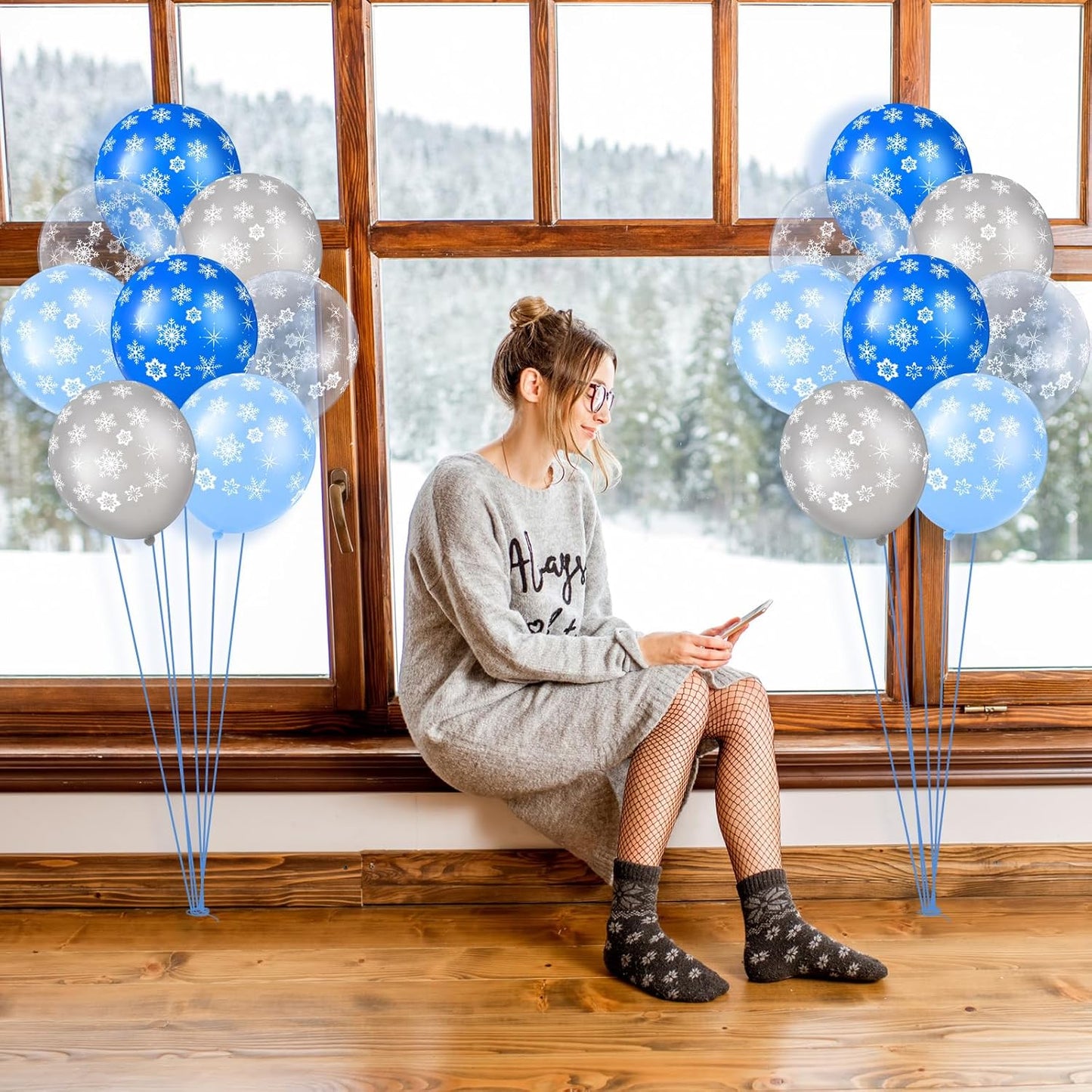 Skylety 40 Pieces Snowflake Balloons Bulk Winter Transparent Snowflake Latex Balloons for Christmas Birthday Wedding Party Decorations(Blue, Macaron Blue, Silver, Clear)