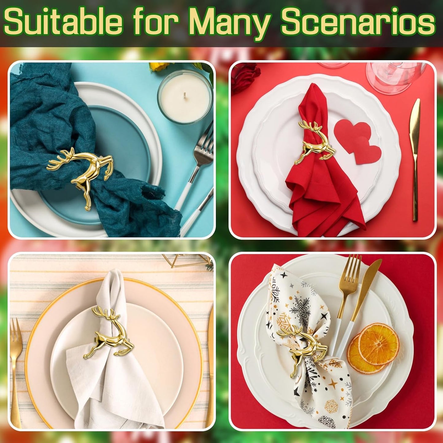 ZeeDix Gold Reindeer Christmas Napkin Rings Set of 8, Napkin Holder Ring for Christmas Dinner Table Decor Cloth Napkins, Wedding Receptions, Holiday Party, Banquet and Home Kitchen