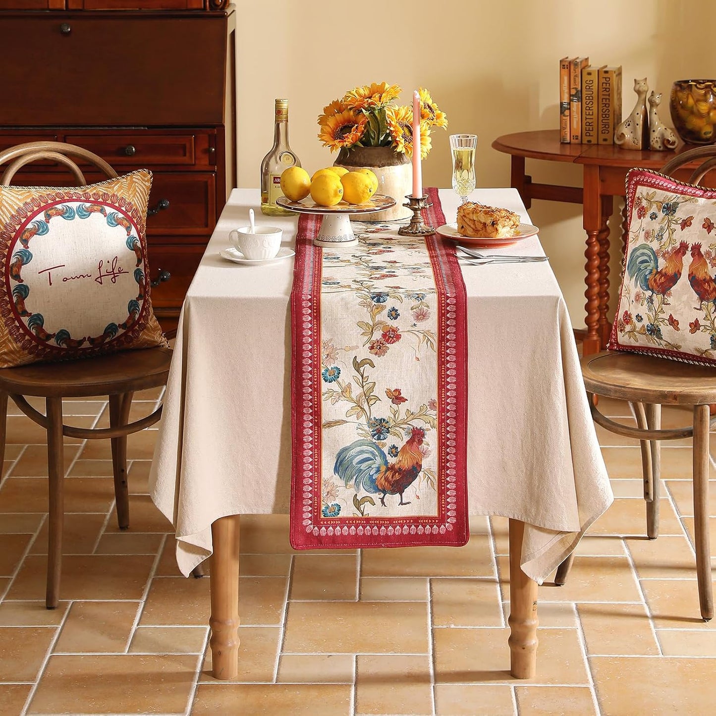 patdrea Designer Farmhouse Linen Table Runner, Rustic Cottage Mauve with Rooster and Floral Pattern Fabric Table Mat, Decoration for Kitchen Dining Coffee Table Banquet Christmas , 12"*71"