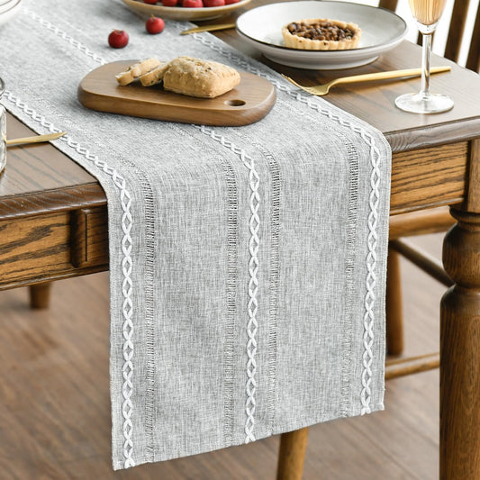 Artoid Mode Grey Rustic Cotton Linen Table Runner, Seasonal Embroidered Hollow Kitchen Dining Table Decoration for Home Party Decor 13x36 Inch