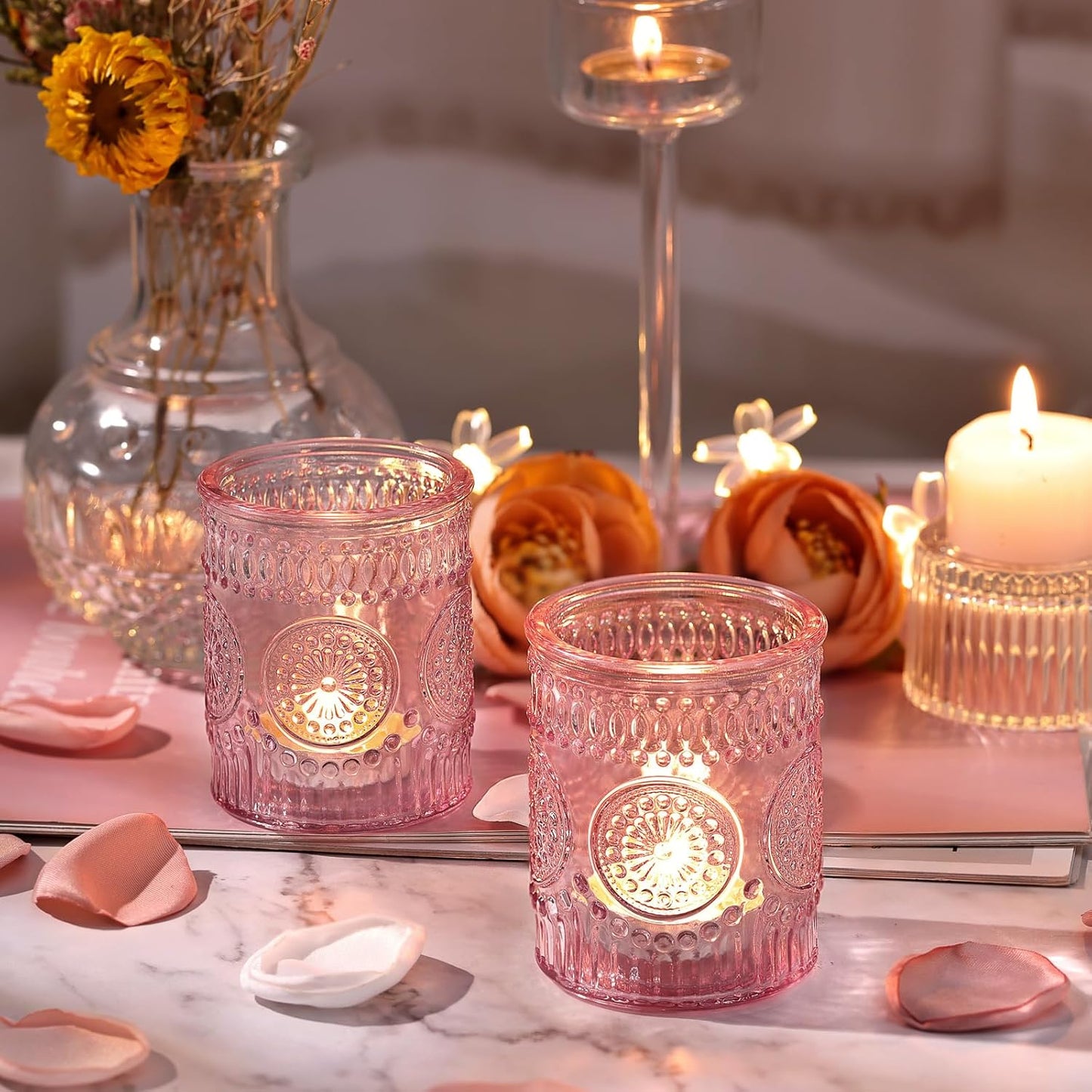 DARJEN Pink Votive Candle Holders Set of 36- Glass Candle Holders Bulk for Tea Light Candle, Embossed Candle Votives for Romantic Wedding Centerpiece, Home Table Decor