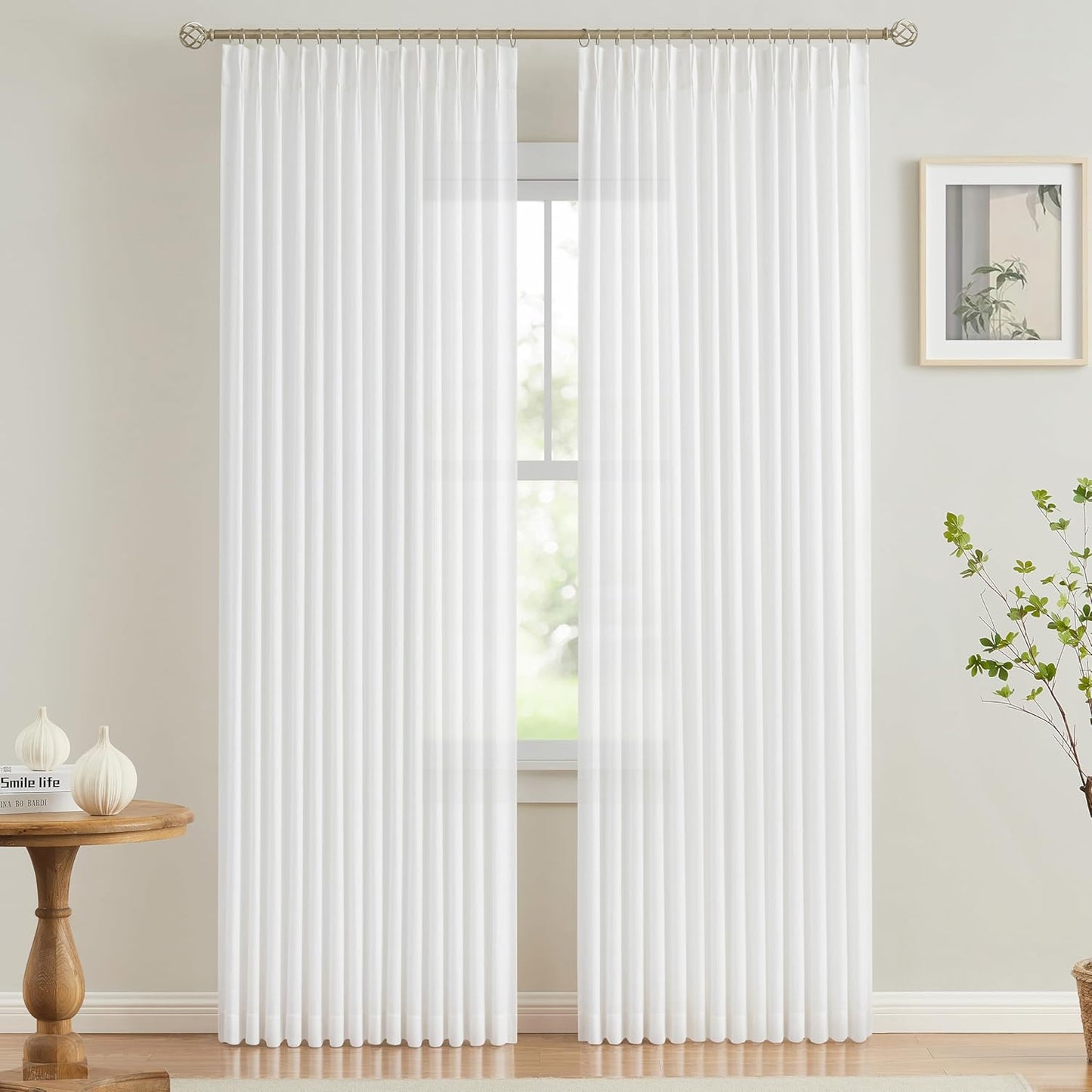 Vision Home White Pinch Pleated Semi Sheer Curtains Textured Light Filtering Window Curtains 90 inch for Living Room Bedroom Rayon Blended Pinch Pleat Drapes with Hooks 2 Panels 40" Wx90 L