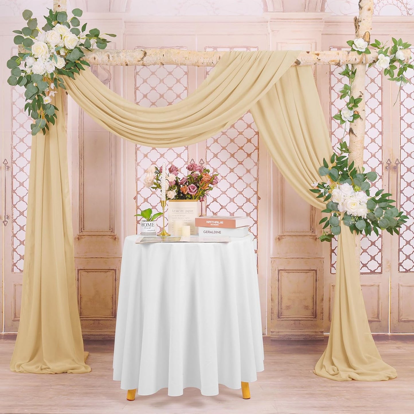 4 Panels Wedding Arch Draping Fabric, 28" x20ft Champagne Drapes, Sheer Chiffon Curtain Arbor Drapery Ceiling Drapes Backdrop for Ceremony Party Decor