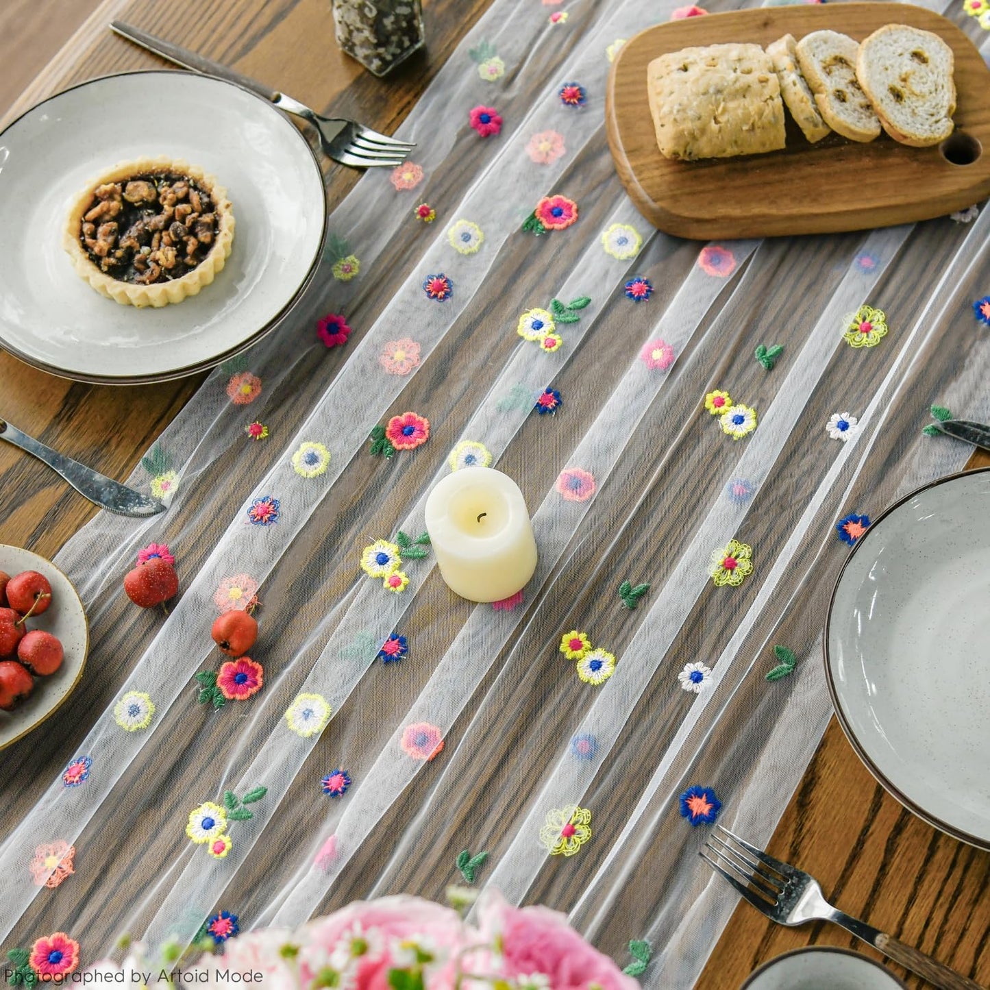 Artoid Mode 3PCS Embroidery Daisy Gauze Table Runner 120 Inch 10FT, Seasonal Sheer Kitchen Dining Holiday Wedding Birthday Table Decor for Home Party